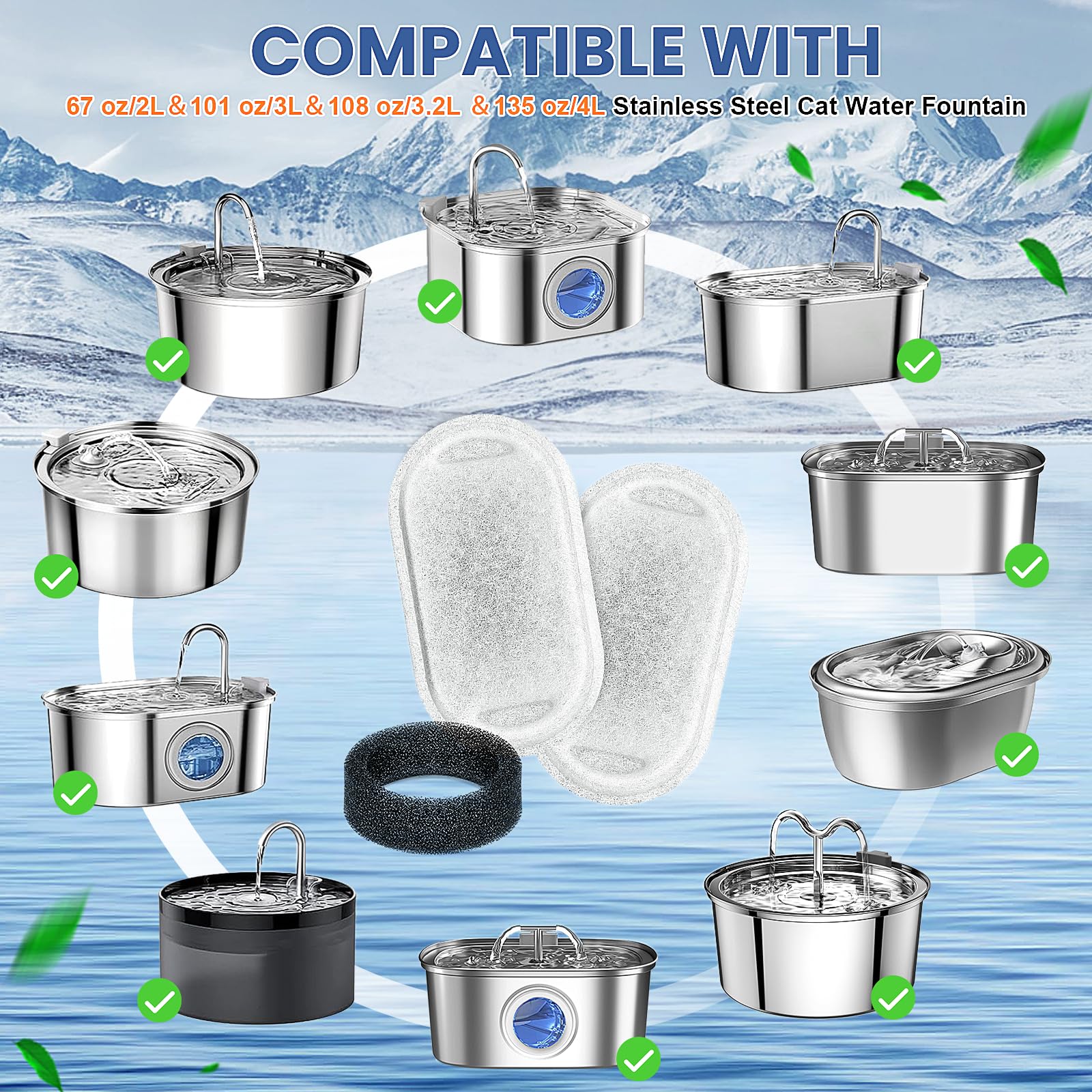 Cat Water Fountain Filters Replacement, 16 Pcs Pet Water Fountain Filter with 16 Pcs Foam Sponges for 67oz/2L & 108oz/3.2L Stainless Steel Pet Cat Water Fountain Dispenser Filters - image 2