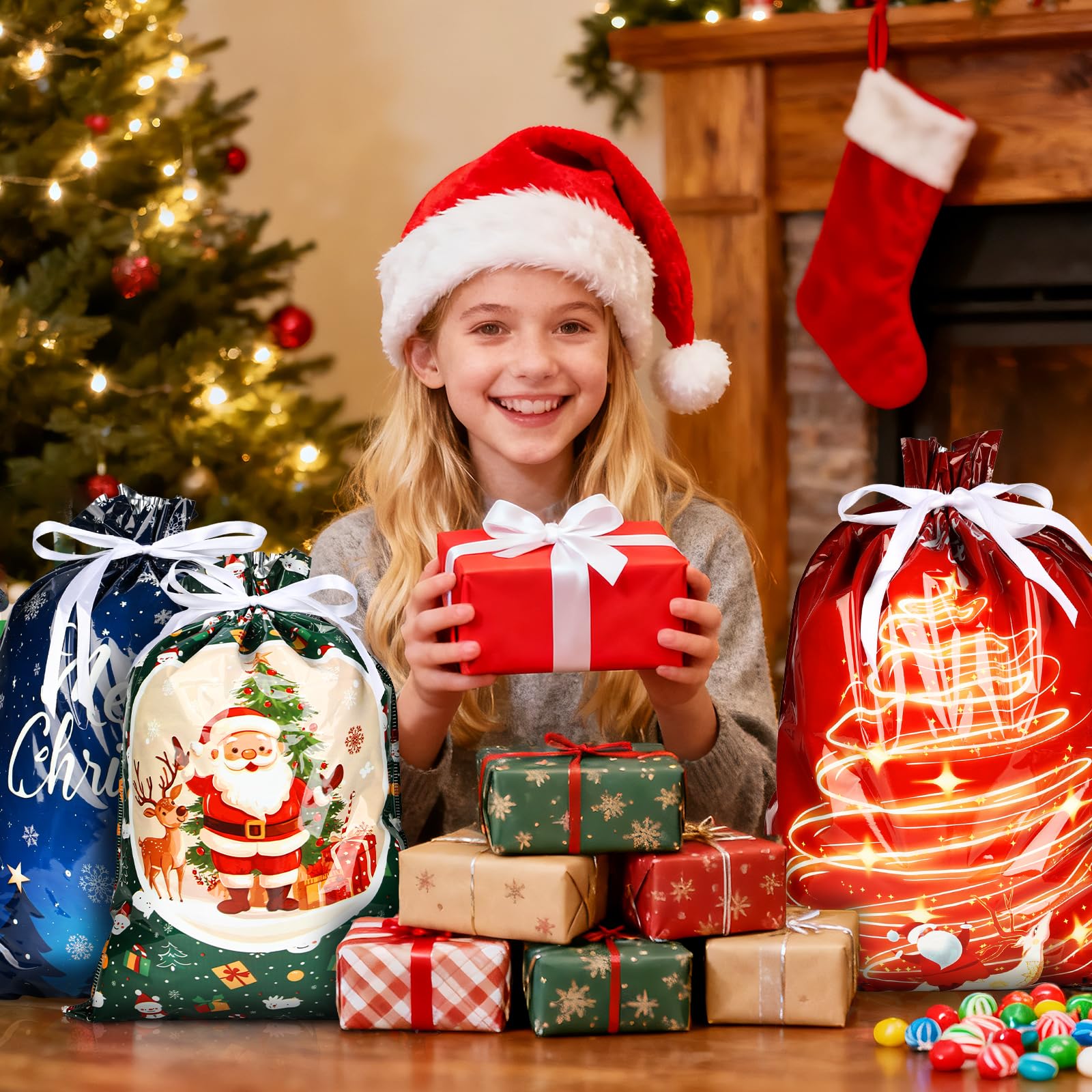 Lot de 40 sacs cadeaux de Noël avec poignées pour emballage de cadeaux de Noël