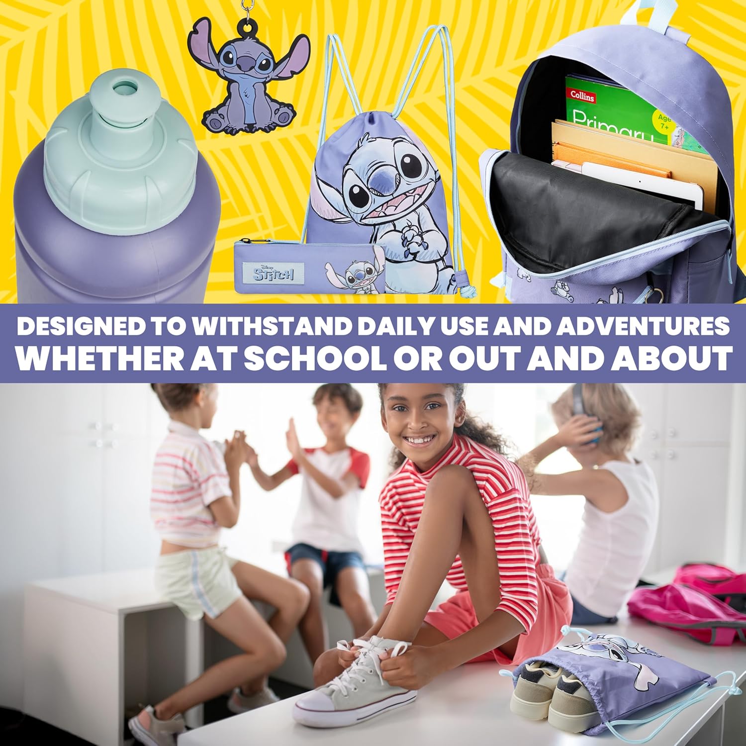 Disney Stitch Backpack 5-Pcs Gifts for Girls, Kids with Water Bottle Drawstring Bag Pencil Case Keychain School Travel Kit (Blue/Lilac) - Image 3