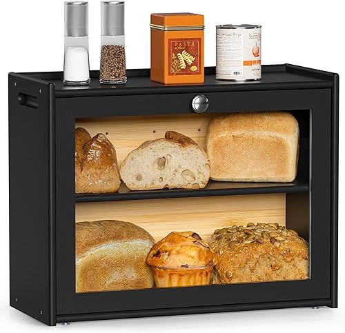 Panera para encimera de cocina, contenedor de pan grande de doble capa con puerta transparente, almacenamiento de pan montado fácil de transportar y