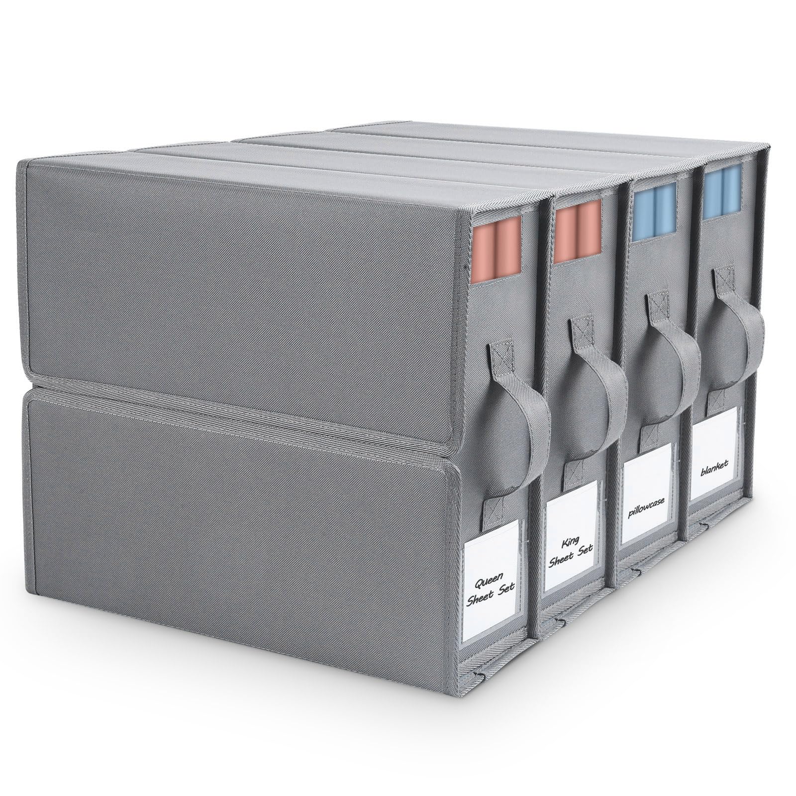 Finneya Bed Sheet Organizers - 8 Pack(Queen or King Size), Foldable Sheet Cube Storage Container Linen Closet Organizers, Duvet Covers and Pillowcases Storage Box for Bedding Blankets Towels (4 PCS)