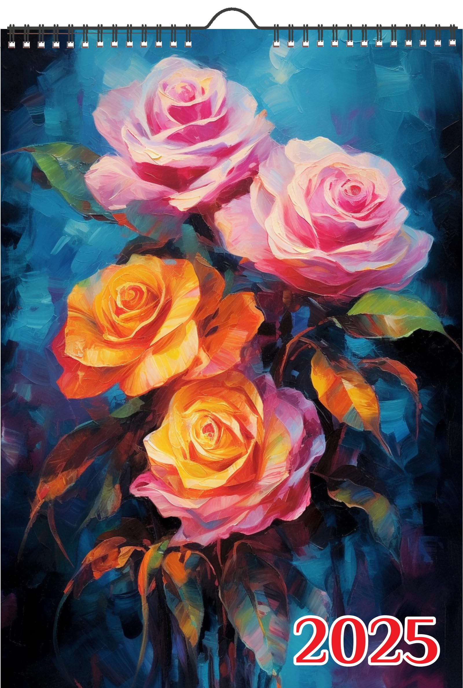 2025 Wall Calendar [12 pages 8"x12"] Vibrant Blooms: Striking Roses in Luminous Colors, Captured in Rich, Detailed Paintings with Dark Backgrounds