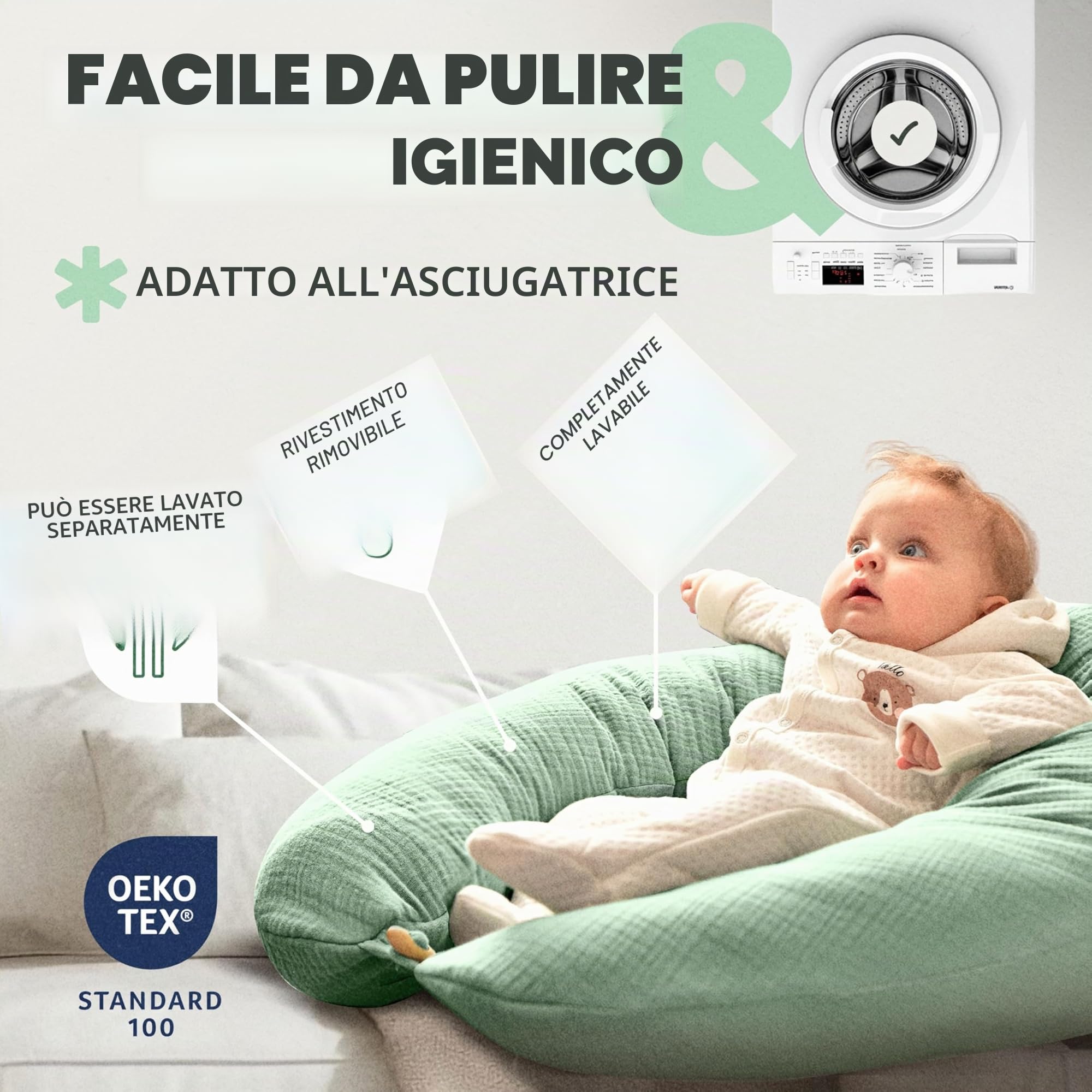sei Design Cuscino Allattamento XXL 190x30 - Cuscino Gravidanza Ergonomico, Cuscino Laterale per Dormire - Fodera Esternamente: lavorato a maglia, 100% Cotone BIO, Cuscino Neonato Accessori Utili