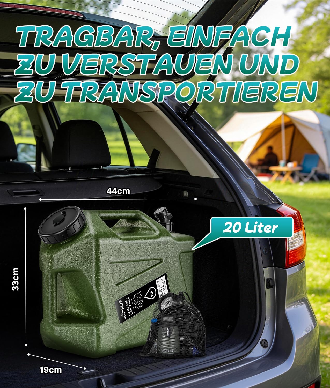 WADEO Campingdusche mit Pumpe und robustem Wassertank 20L, Tragbare Camping Dusche Outdoor Set mit Duschpumpe und Wasserbehälter Kanister, für Camping, Wandern, Garten, Strand, Autowaschen, Notfälle