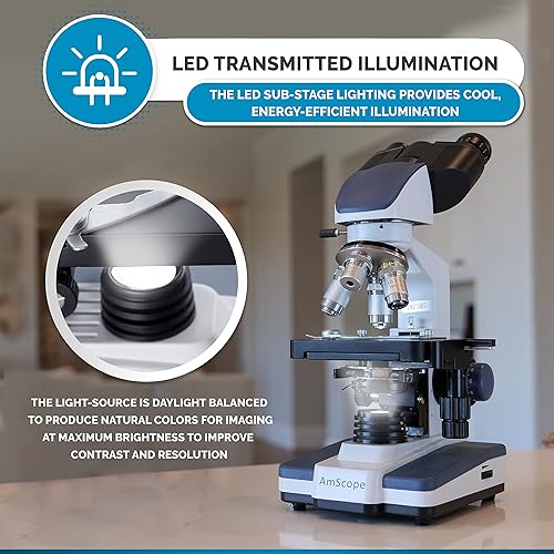 Miniatura 6 de AmScope Microscopio Siedentopf binocular compuesto aumento de 40X-2000X campo claro iluminación LED condensador Abbe plataforma mecánica de doble