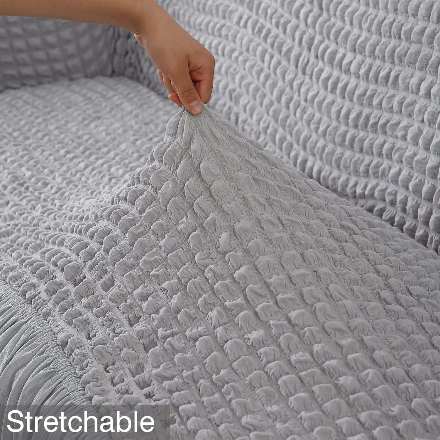 HOKIPO 280 GSM Elastic Stretchable Bubble Sofa Cover with Frill for 3 Seater, Ash Grey (NEW-AR-4604-B7) 4