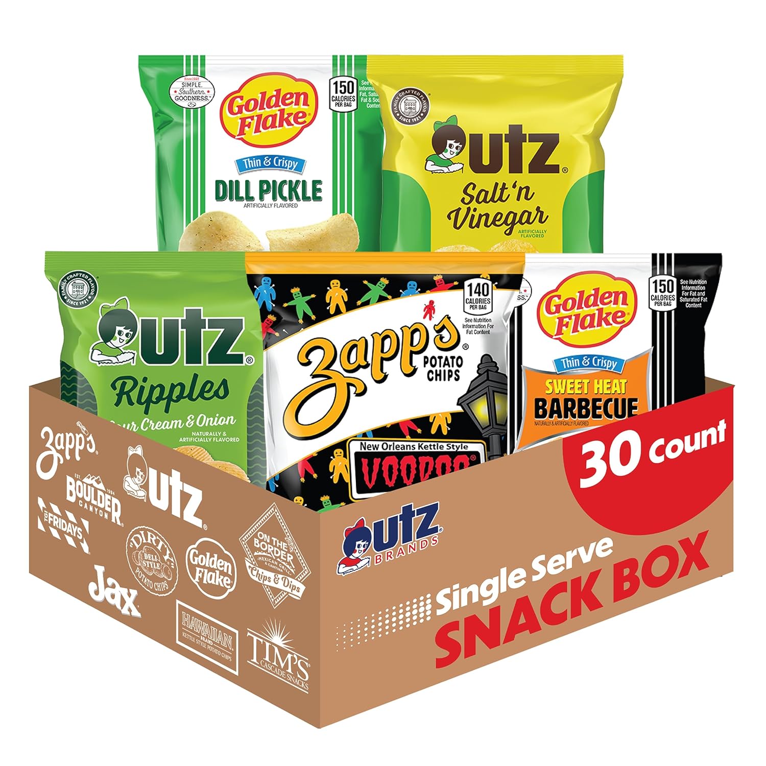 Utz Brands Big Flavor Box – 30 Count Variety of Bold, Tangy, and Savory Chips: Zapp’s Voodoo, Ripples Sour Cream & Onion, Salt & Vinegar, Golden Flake Sweet Heat BBQ, and Dill Pickle Chips