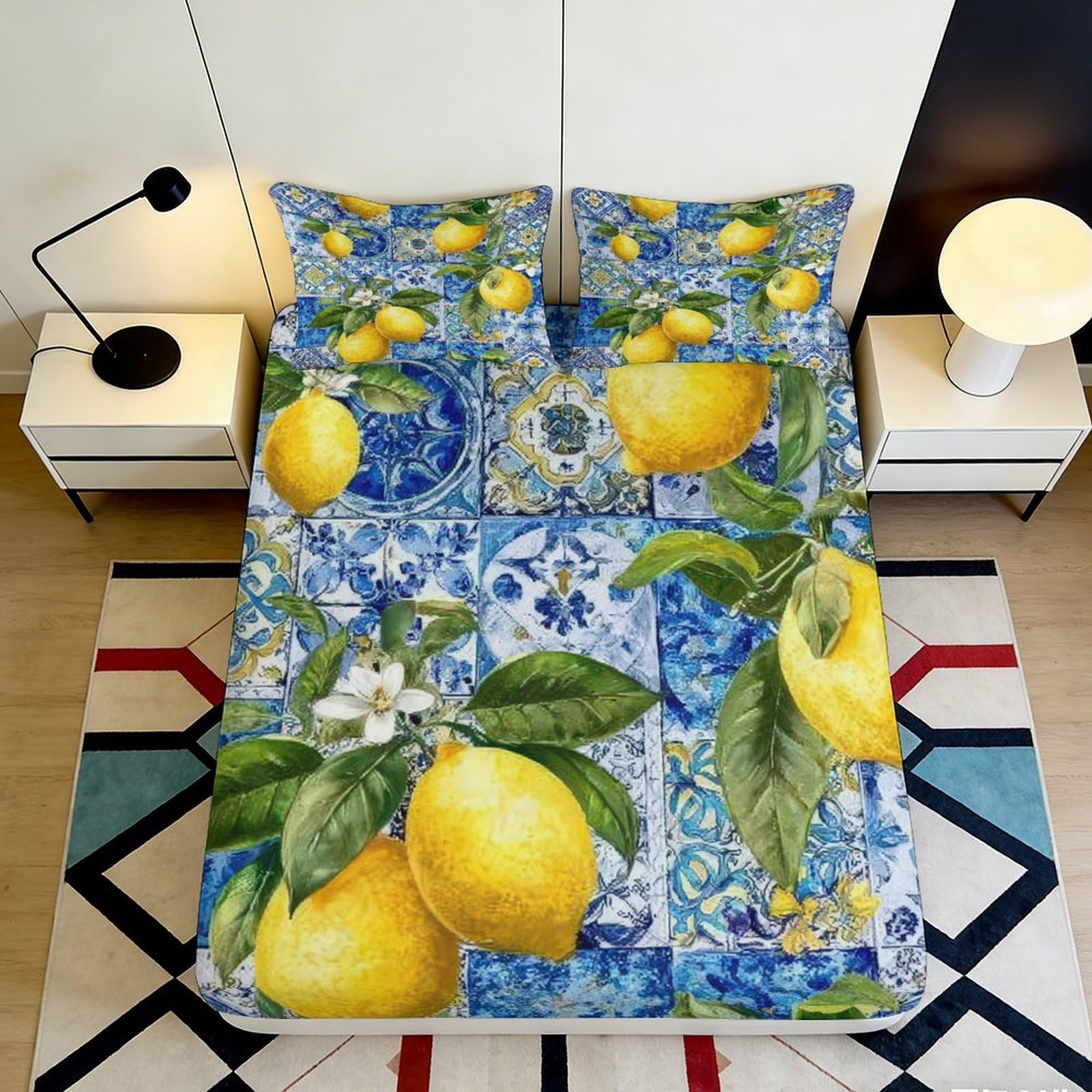 Jqzkxnhpbr Style-4 3D Printed Lemon Botanical Fitted Sheet Microfiber Soft Blue Tile Mattress Cover For Bedroom Guest Room Decor 90X200x25cm