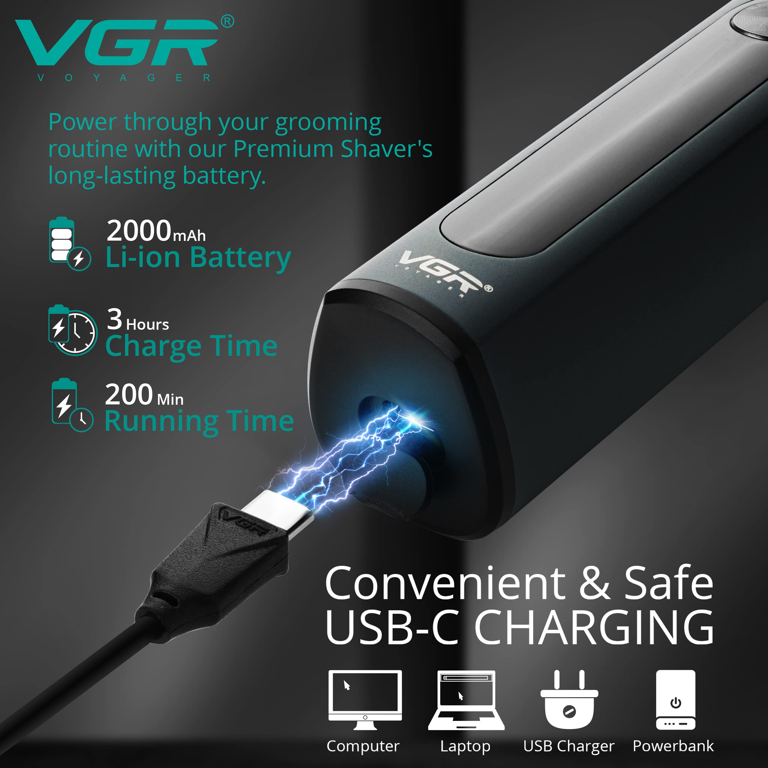 VGR Elektrischer Rotationsrasierer für Herren, IPX7 wasserdicht, kabellos, wiederaufladbar über USB-C-Rasierer, 200 Minuten Akku, Reiseschloss, Herrenrasiermaschine für Bart, Gesicht, Haare, Hals