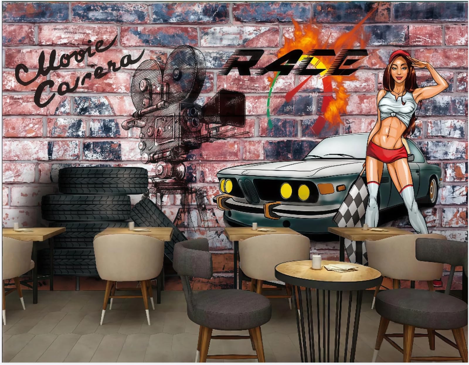 Tapeta ręcznie malowana ściana z cegły Graffiti motyw samochodowy malarstwo dekoracyjne sklep z napojami muzyka bar tło ściana zachodnia restauracja fototapeta kawiarnia, 3D, 300 x 210 cm