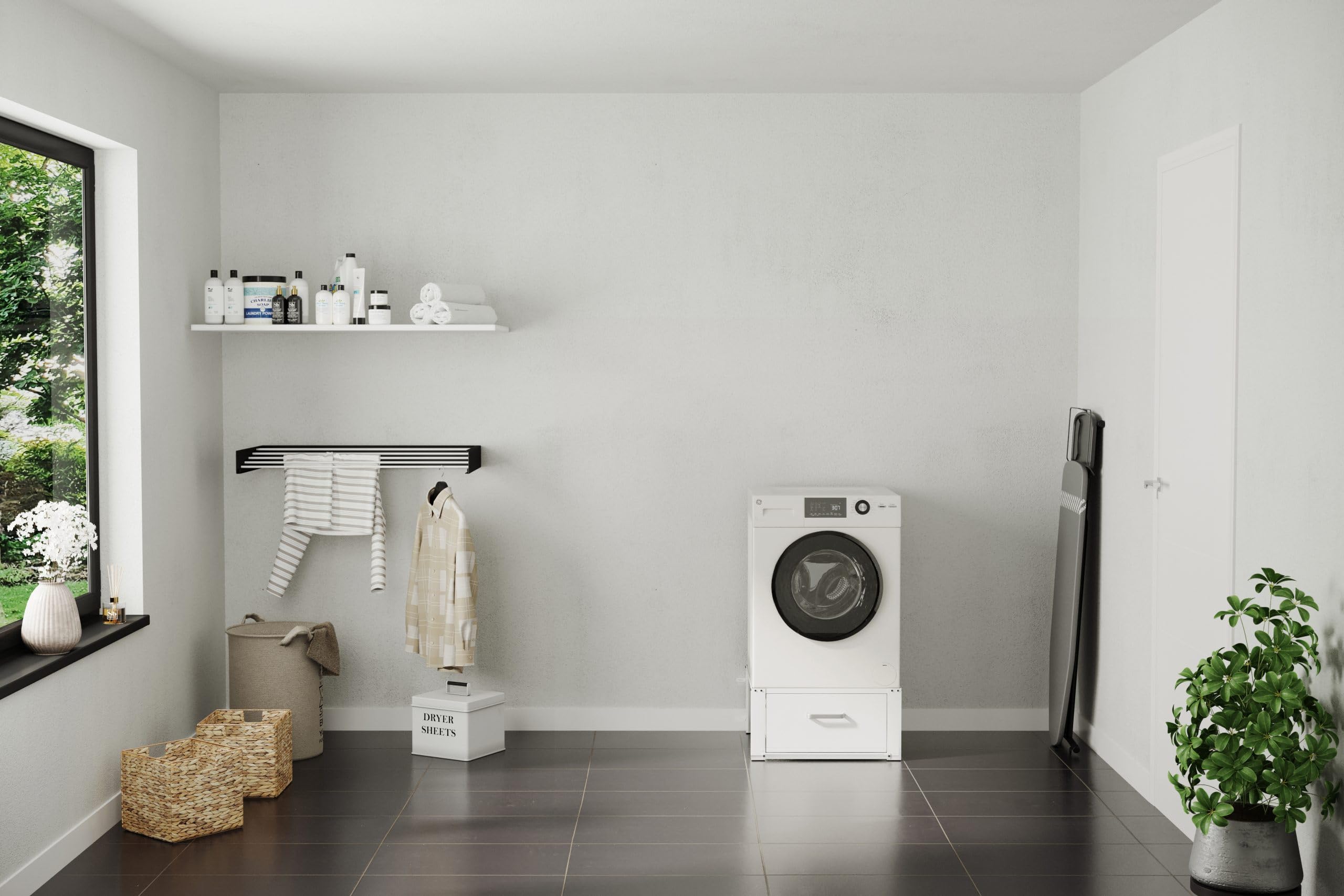 Meuble Machine à Laver – Support Machine à Laver Universel avec Tiroir XL – Couleur : Blanc – Fournis avec Supports Muraux – Dimensions : 63x63 cm