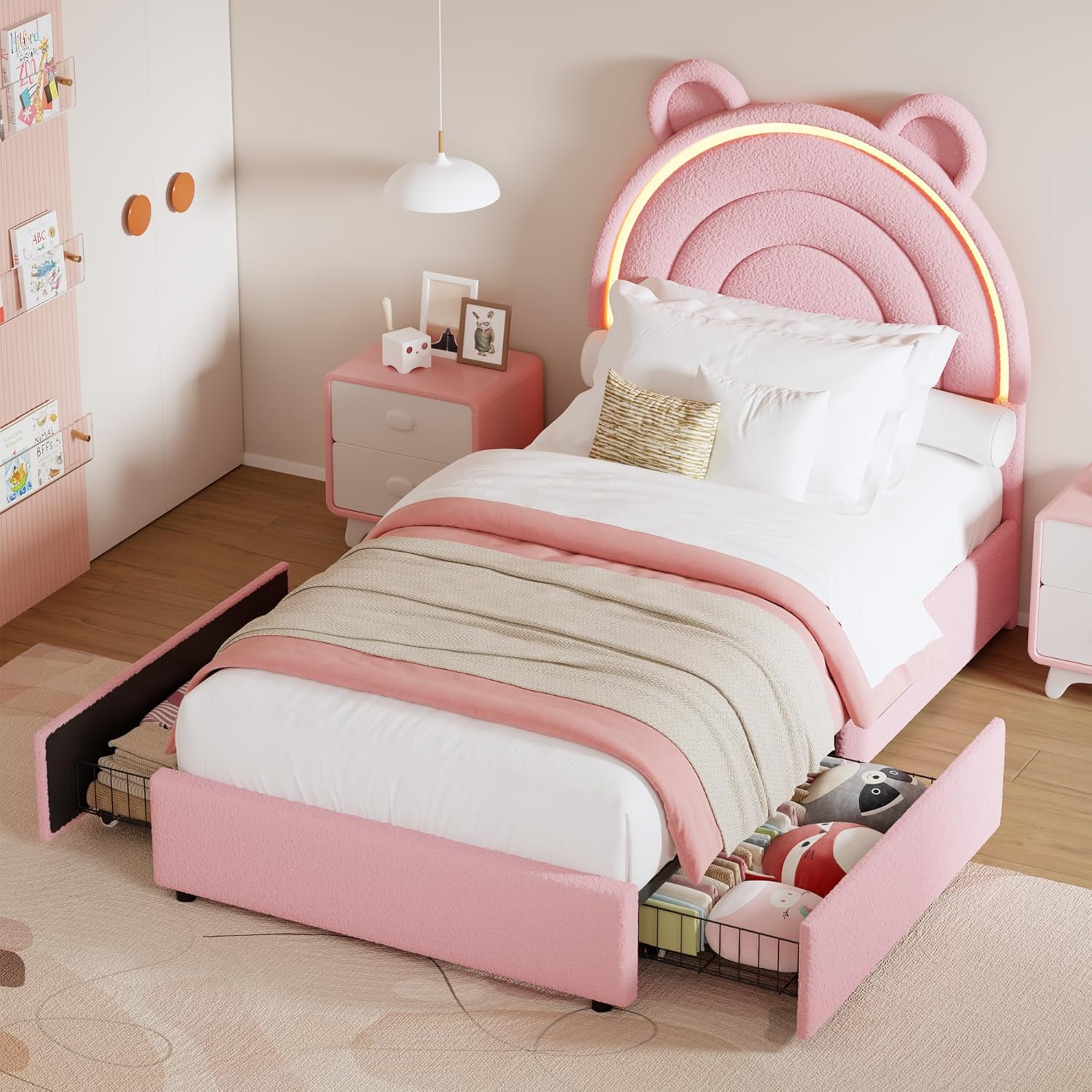 Garvee Princess Twin Size Bed Frame with 2 Storage Drawers & LED Lights, Velvet Upholstered Platform Bed with Rainbow Headboard for Kids/Girls, Solid Wood Slats Support, No Box Spring Needed, Pink
