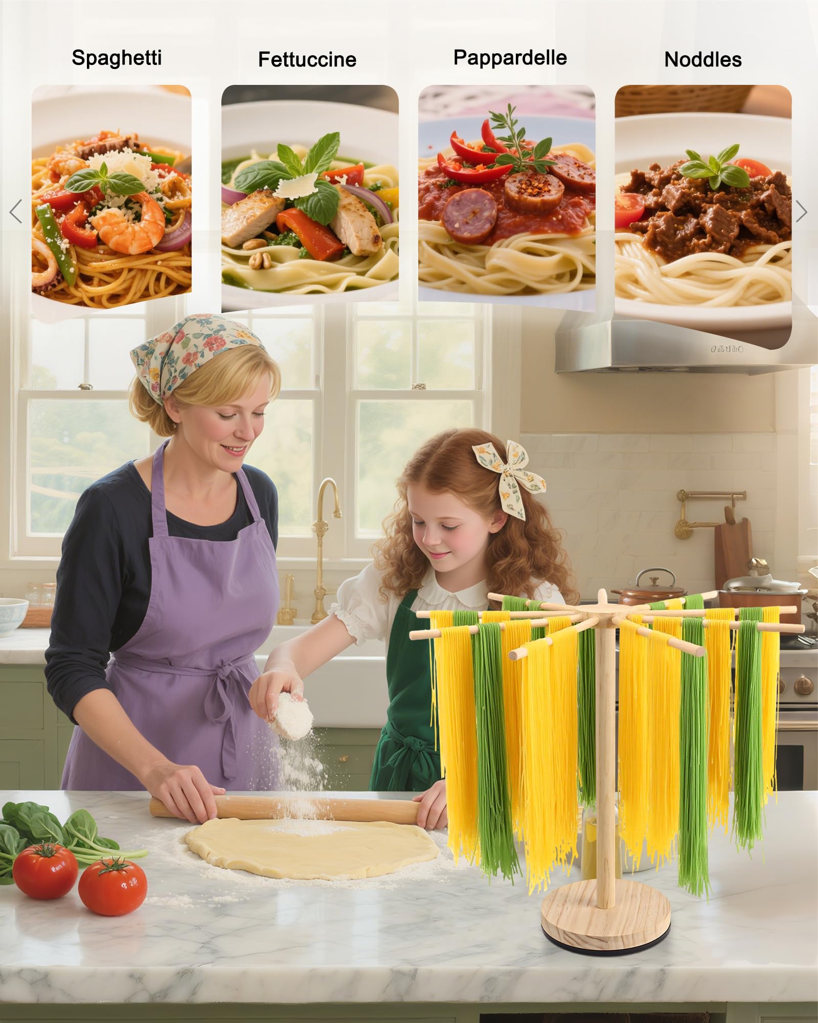 Séchoir à pâtes, en bois, avec 9 bras amovibles et socle rotatif, pour macaronis, pâtes, serviettes