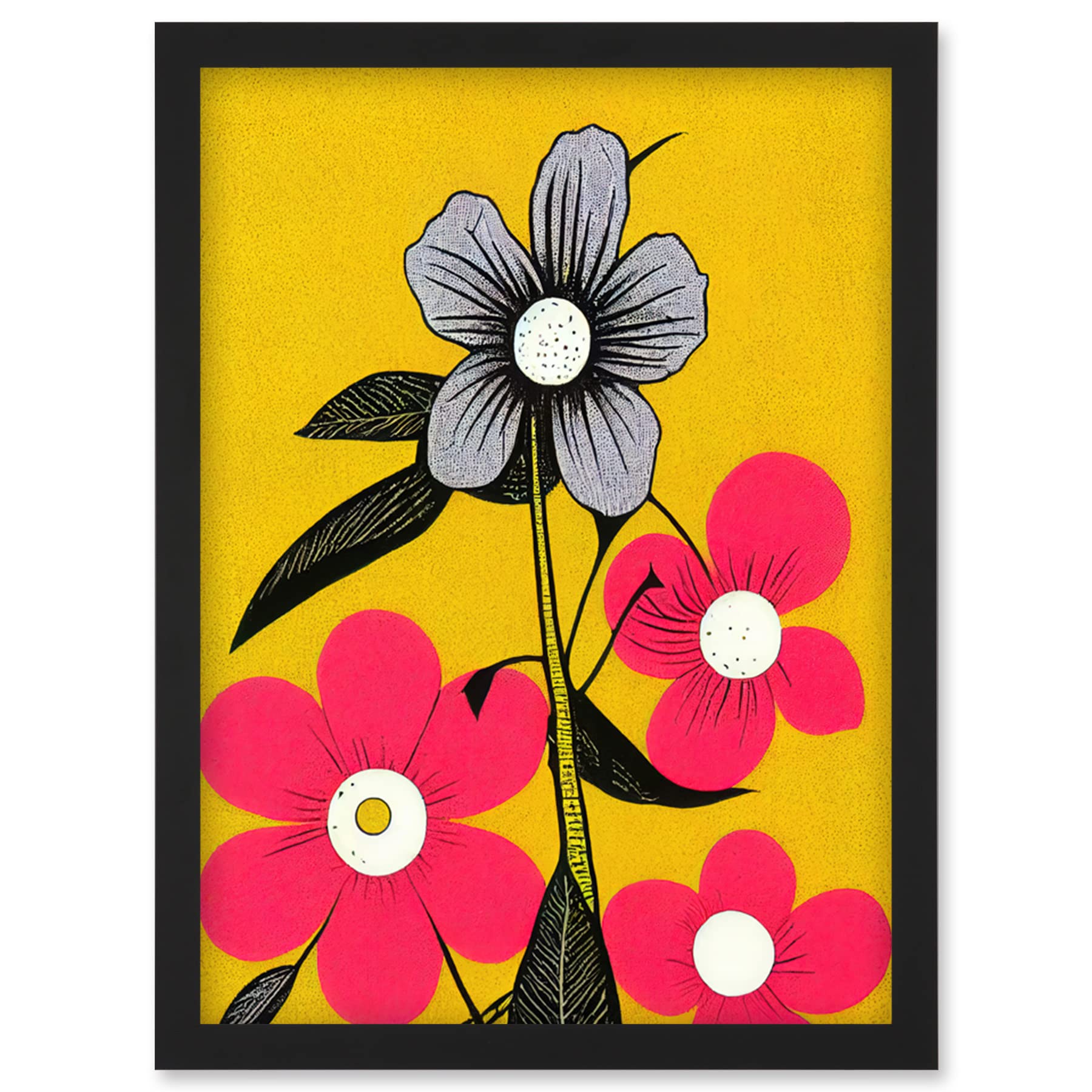 Wee Blue Coo Bold Flowers Linocut Pink and Mustard Yellow Print Artwork Framed Wall Art Print A4