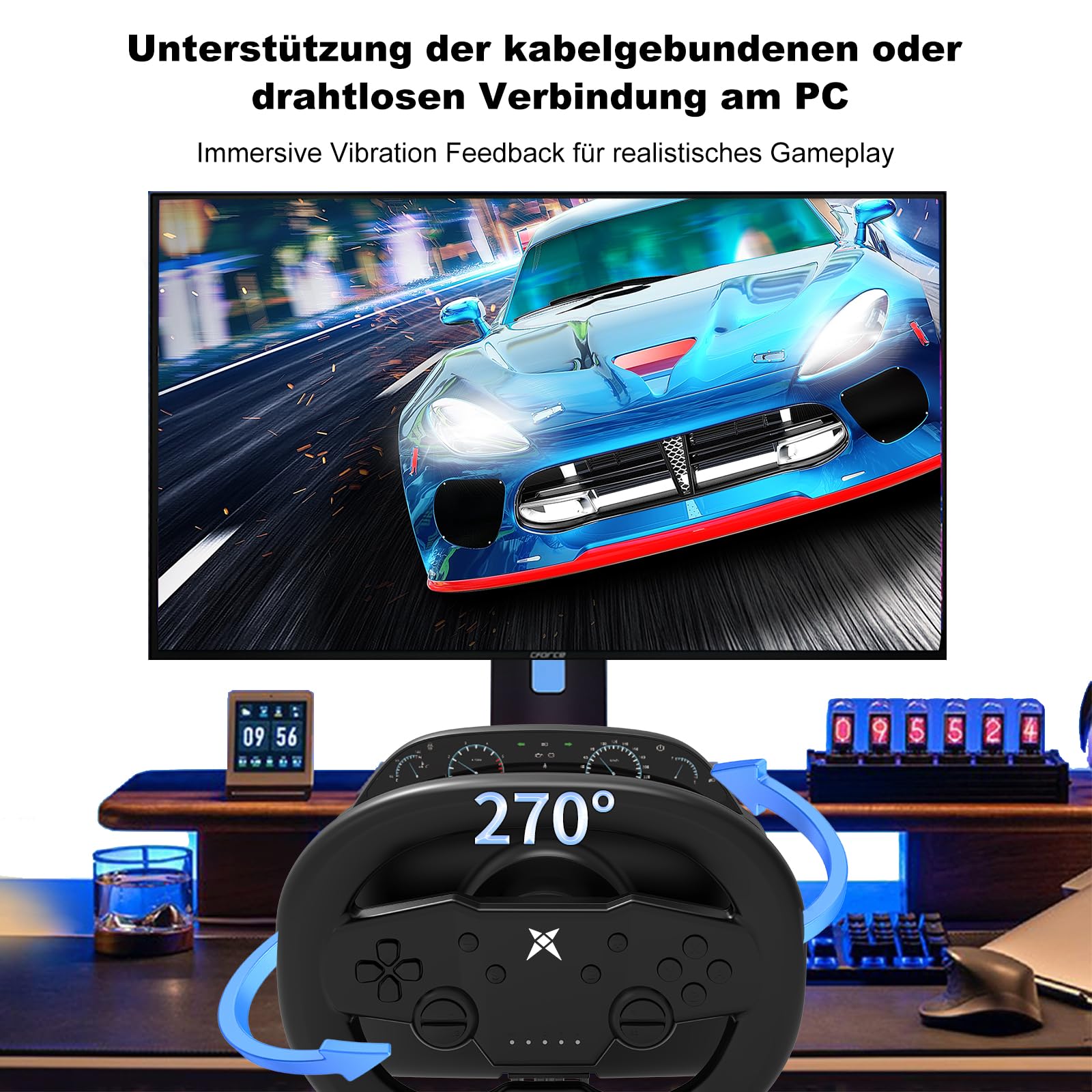 DOYO Drahtloses Gaming Lenkrad–Bluetooth 5.0-Rennlenkrad,270 Grad PC Lenkrad mit zwei Vibrationsmotoren für Switch (Mario Kart), PS4, PS3, PC, Android mit Reaktionsschnellen Pedalen
