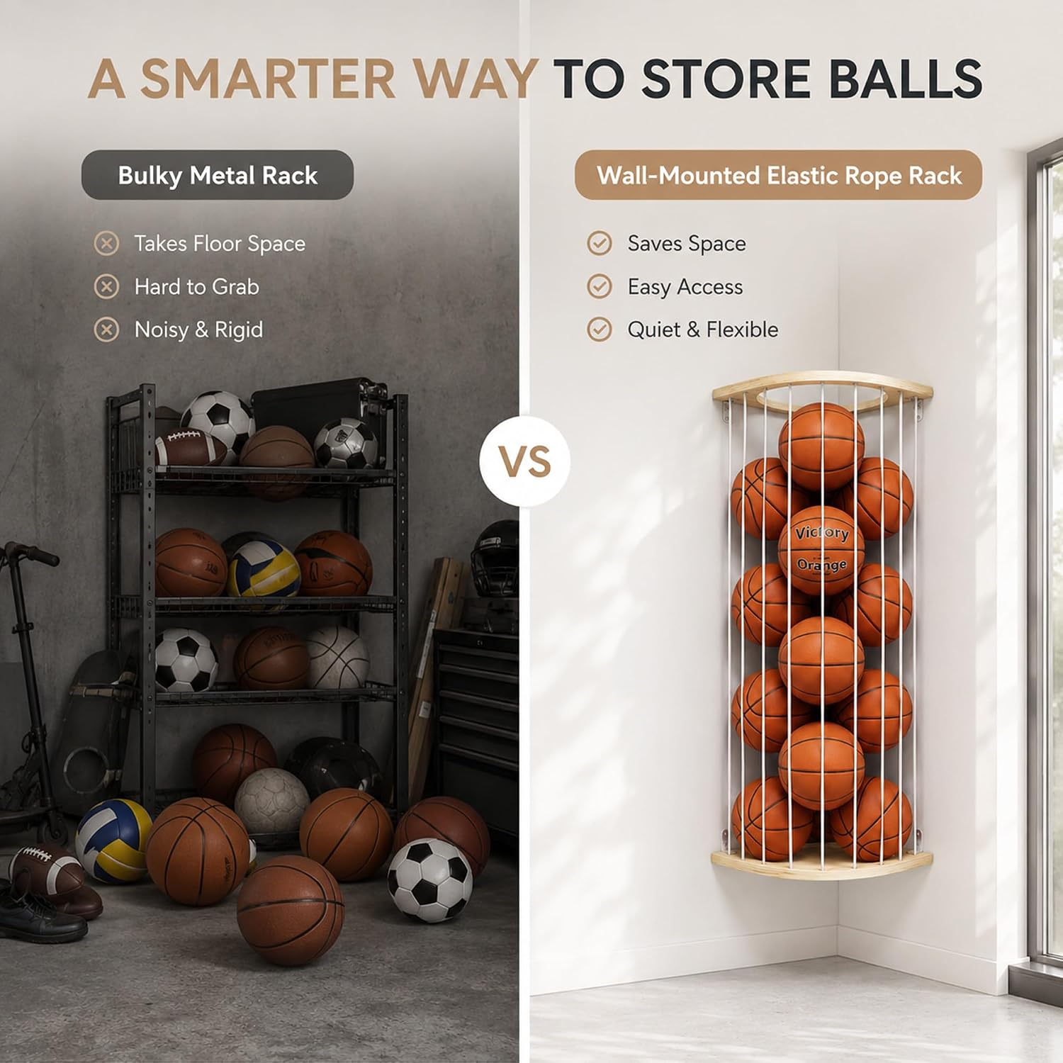 Garage Ball Storage Rack with Wood Frame, Wall Mount Corner Organizer