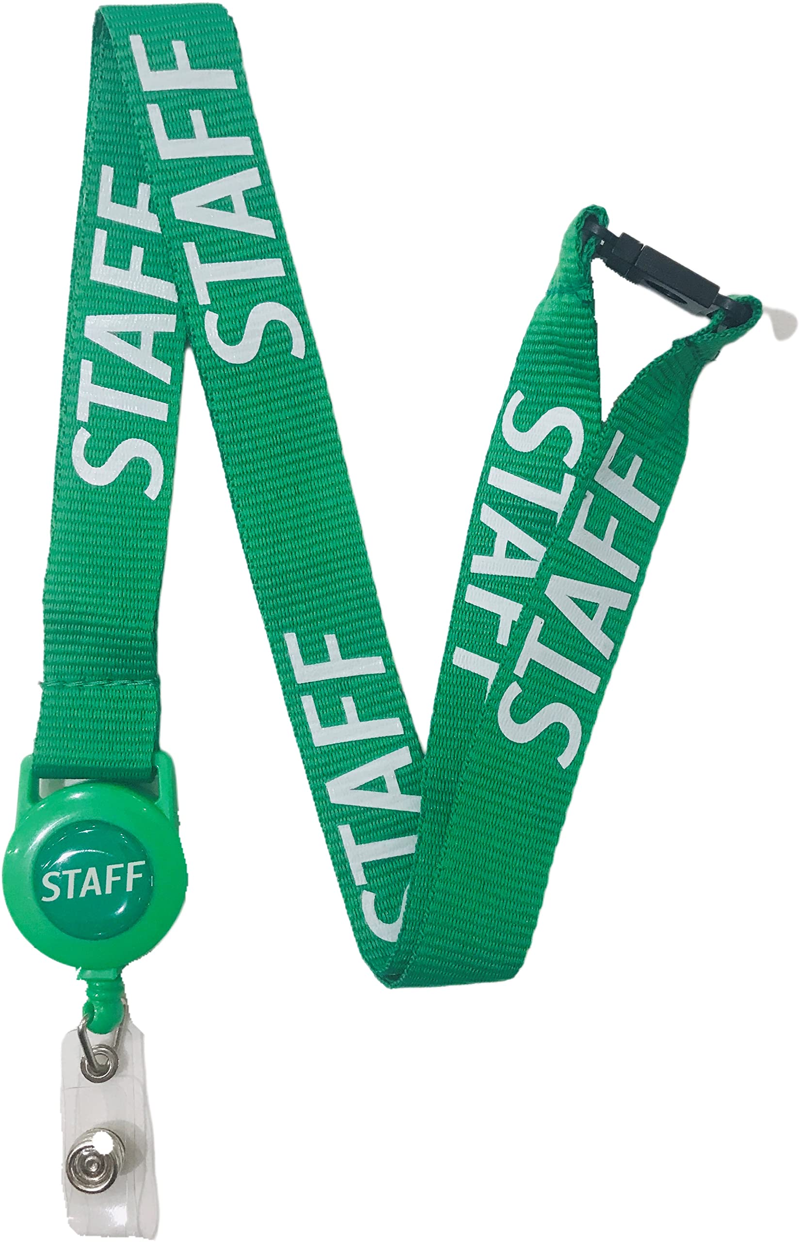 PAC Supplies Global 20mm Colourful STAFF Printed Badge Reel Lanyard With Safety Breakaway (Green, 1 Lanyard)