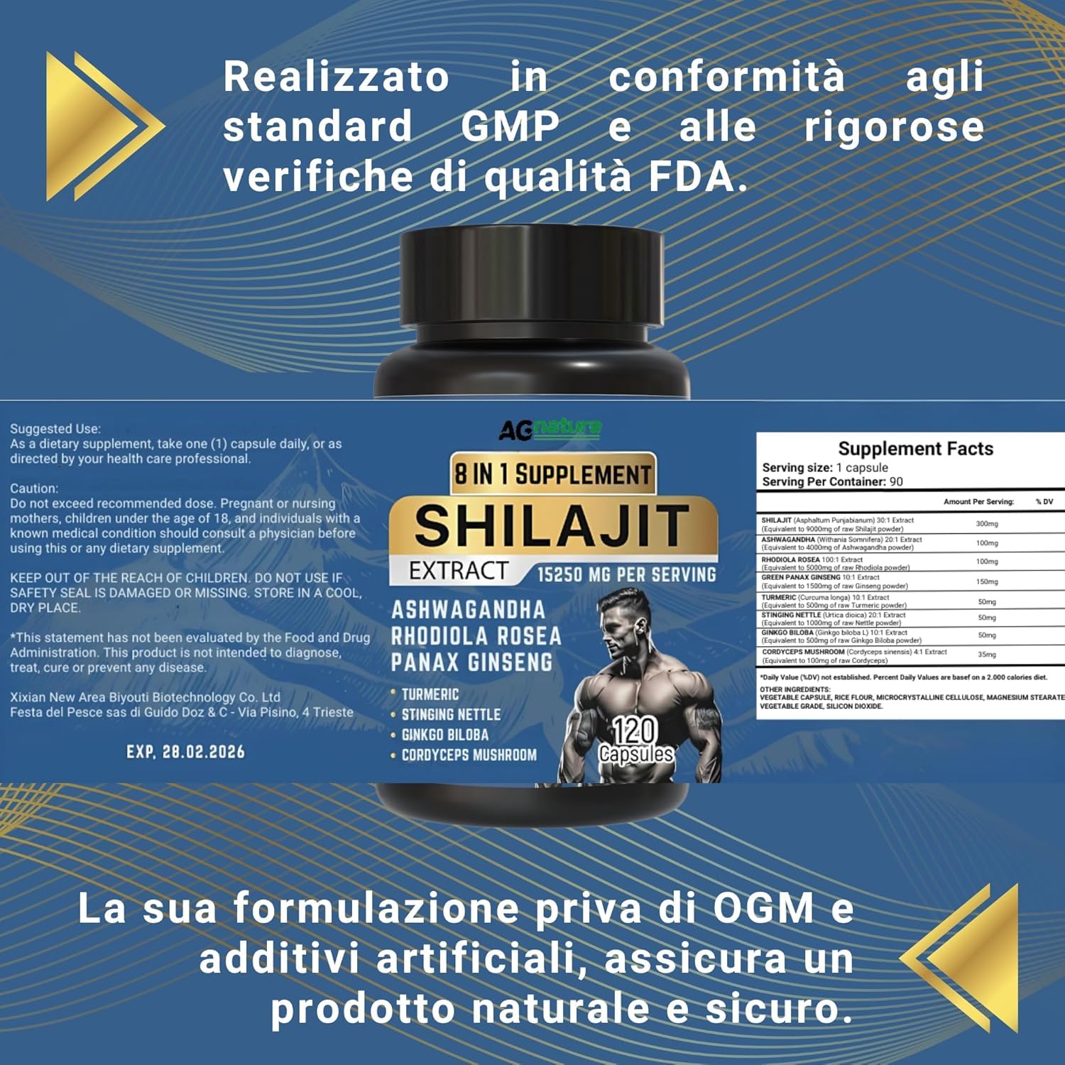 AG nature Shilajit Puro Himalayano Originale Forte 120Cps | Complex 8 in 1 da 15250mg con Ashwagandha, Rhodiola Rosea, Curcuma, Ortica, Ginkgo Biloba e Panax Ginseng