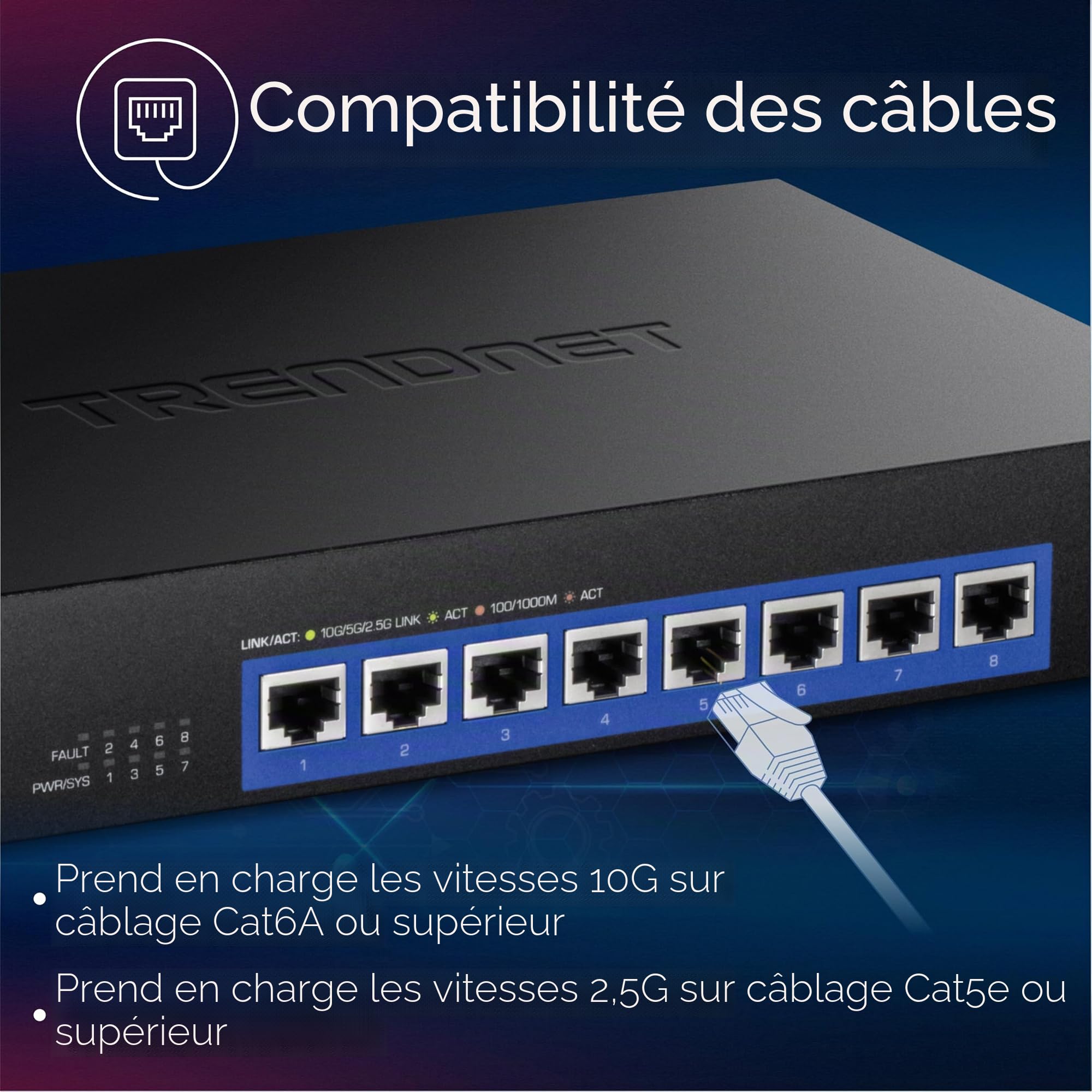 TRENDnet, TEG-S708, Commutateur 8 Ports 10G, 8 Ports 10G RJ-45, capacité de Commutation 160 Gbps montable en Rack, connexions réseau 10 Gigabit, Noir