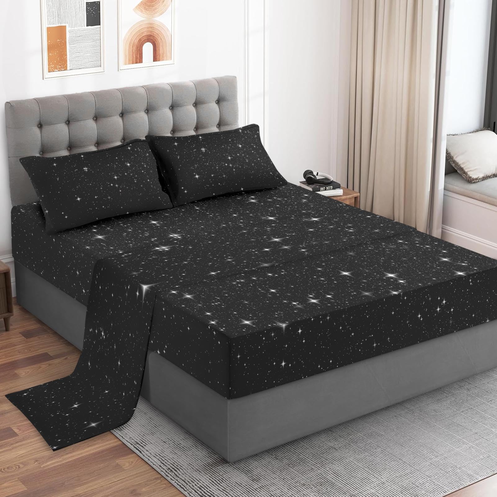 Pamnest Queen Size Bed Sheet Sets, Star Sky Black Soft Microfiber 4 Pcs Bedding Sets for Kids and Adults Bedroom Bed Decor, Space Starry Deep Flat,