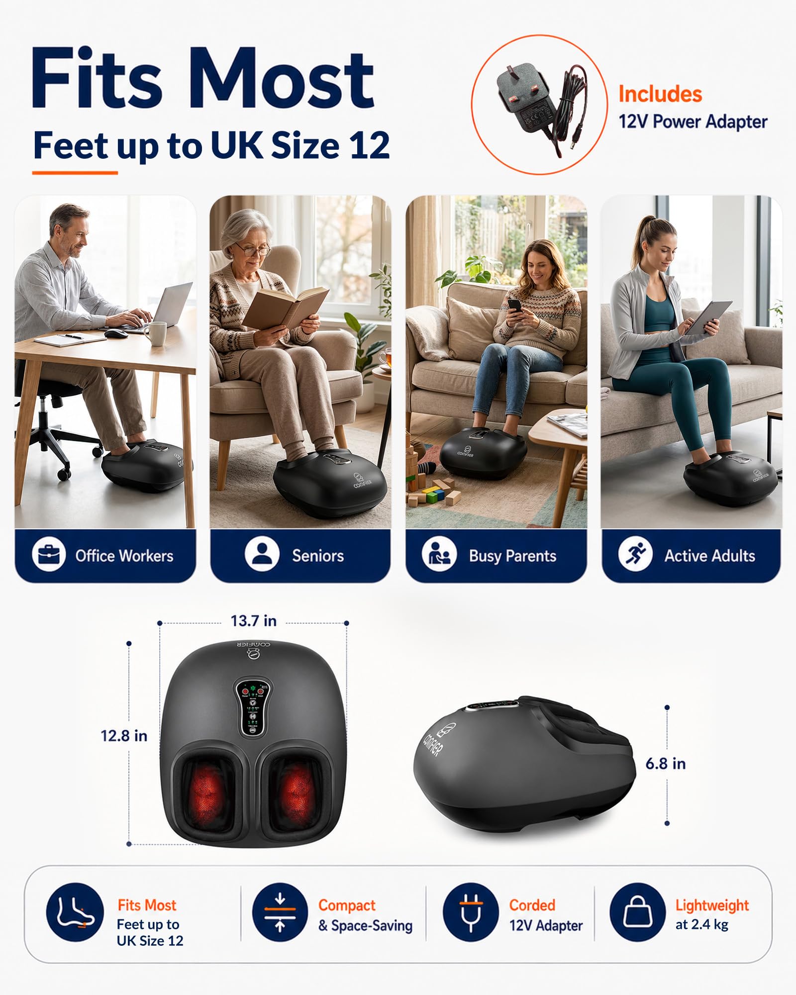 COMFIER Fußmassagegerät mit Shiatsu, Tiefenkneten, Vibration, Rollen, Kompression, beheiztes Fußmassagegerät für Plantarfasziitis, Multi-Modi-Einstellungen, Fernbedienung, Geburtstagsgeschenke für