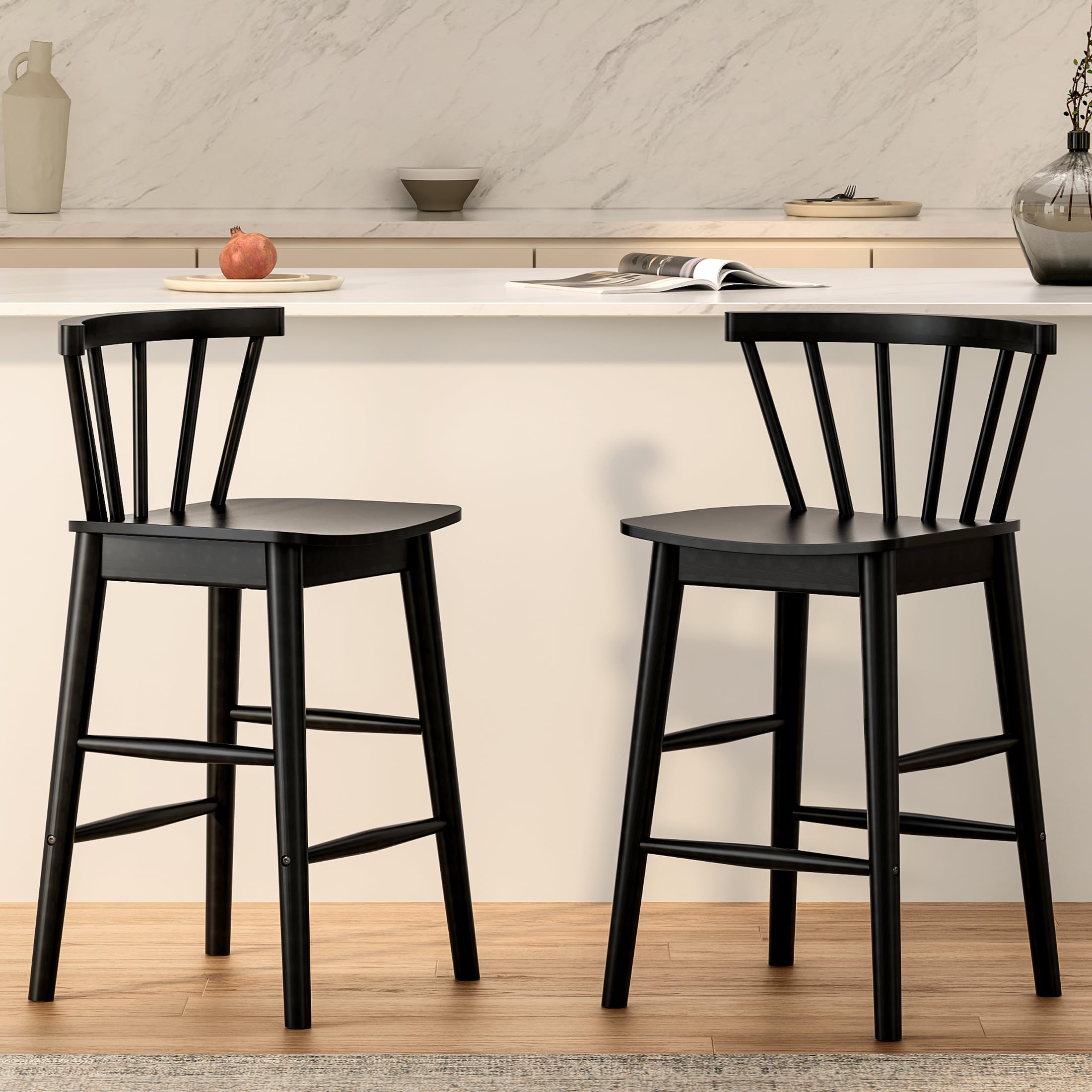 HoeuThien Wood Bar Stools Set of 2, 24" Wood Element Counter Height Barstools, Modern Armless Farmhouse Wooden Bar Dining Chairs with Back & Footrest