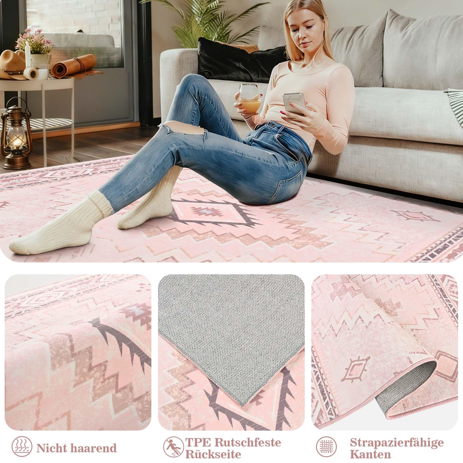 Alishomtll Teppich Läufer, Vintage Geometrisch Teppich Rosa 160x230 cm | Rutschfest Kurzflor Küchenteppich, Weich Waschbar Flurläufer für Wohnzimmer Schlafzimmer Arbeitszimmer Küche Eingang