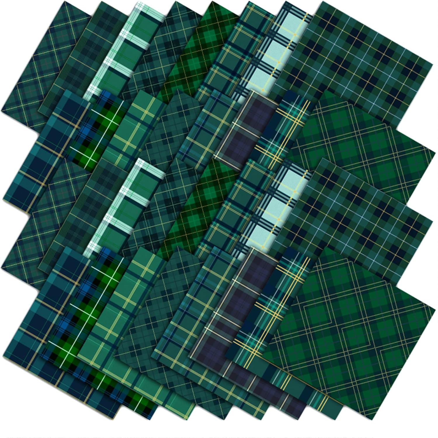JarThenaAMCS 32Pcs Tartan Plaid Fabric Squares Green Blue Plaid Cotton Fabric Bundles Vintage Checkered Quilting Fabrics for DIY Sewing Craft Decor, 10 x 10 Inch