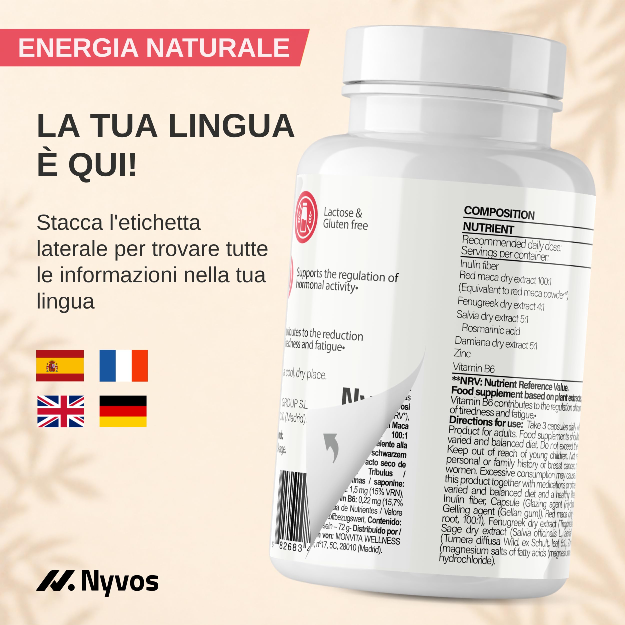 Maca Rossa Donna con Salvia, Fieno Greco e Damiana – Supporto Ormonale Femminile, Energia e Benessere – 25.000 mg Equivalenti di Maca Rossa in Polvere – 180 Capsule, 60 Dosi – Nyvos