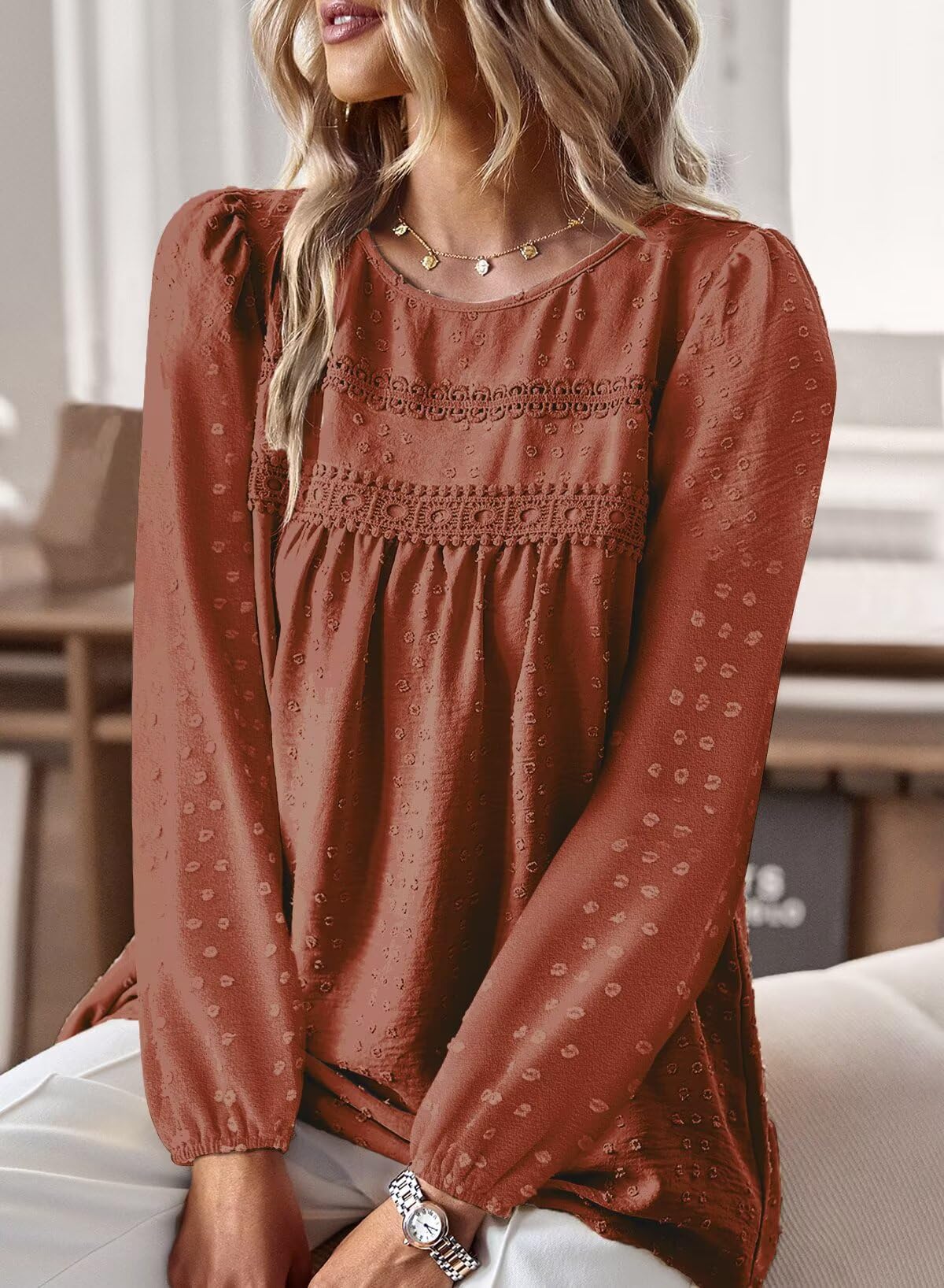 TUUHAW Camicia Donna Manica Lunga Autunno Boho Top con Scollo Rotondo Punto Svizzero Bluse Pizzo Elegante Maglietta Casual