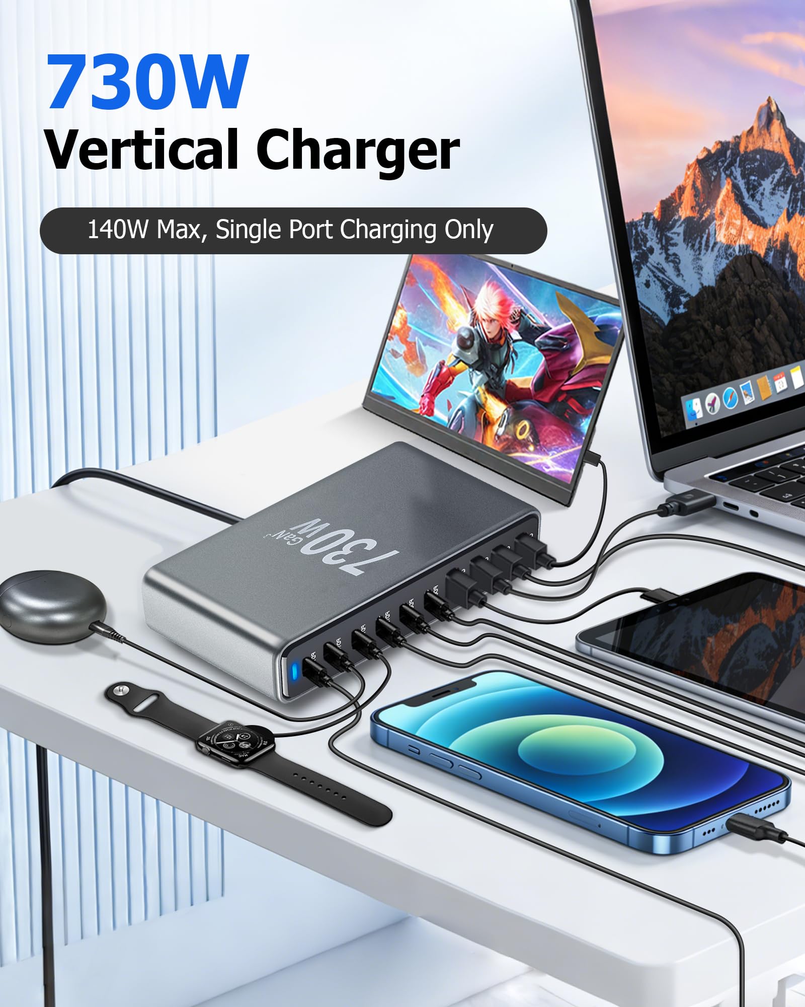 GaN Desktop 730W, estación de carga rápida de 10 puertos (6 USB-C + 4 USB-A), puerto USB-C monocible 140W Max, para MacBook Pro/Air, iPhone 16/15, Samsung, Dell XPS, HP, tabletas