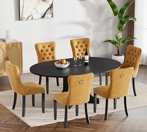 Miniatura 115 de Juego de mesa de comedor de mármol sintético blanco para 6 personas, juego de mesa de comedor extensible de 7 piezas de 63 a 78.74 pulgadas con 6