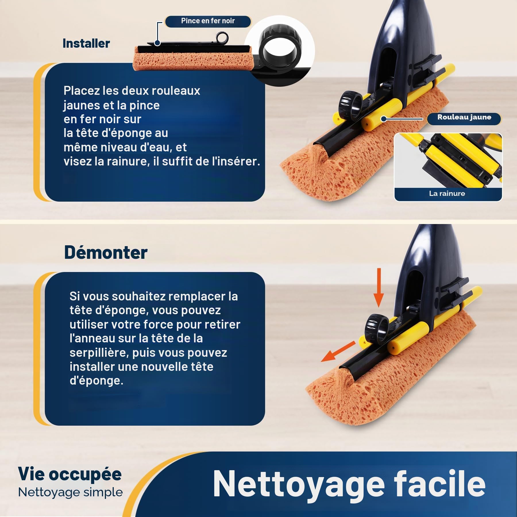 Yocada Balai éponge à Usage Commercial pour la Maison, Le carrelage, la Salle de Bain, Le Garage avec 3 têtes d'éponge et Manche télescopique Extensible de 107 à 132 cm, séchage Facile, essorage
