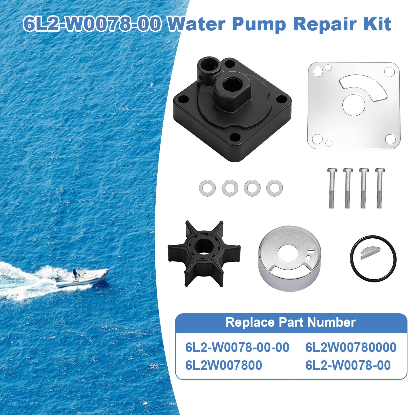 6L2-W0078-00 Kit de reparación de bomba de agua con carcasa, compatible con Yamaha Outboard de 2 tiempos 20HP 25HP, kit de impulsor de bomba de agua de motor de barco, sustituye a 6L2-W0078-00-00