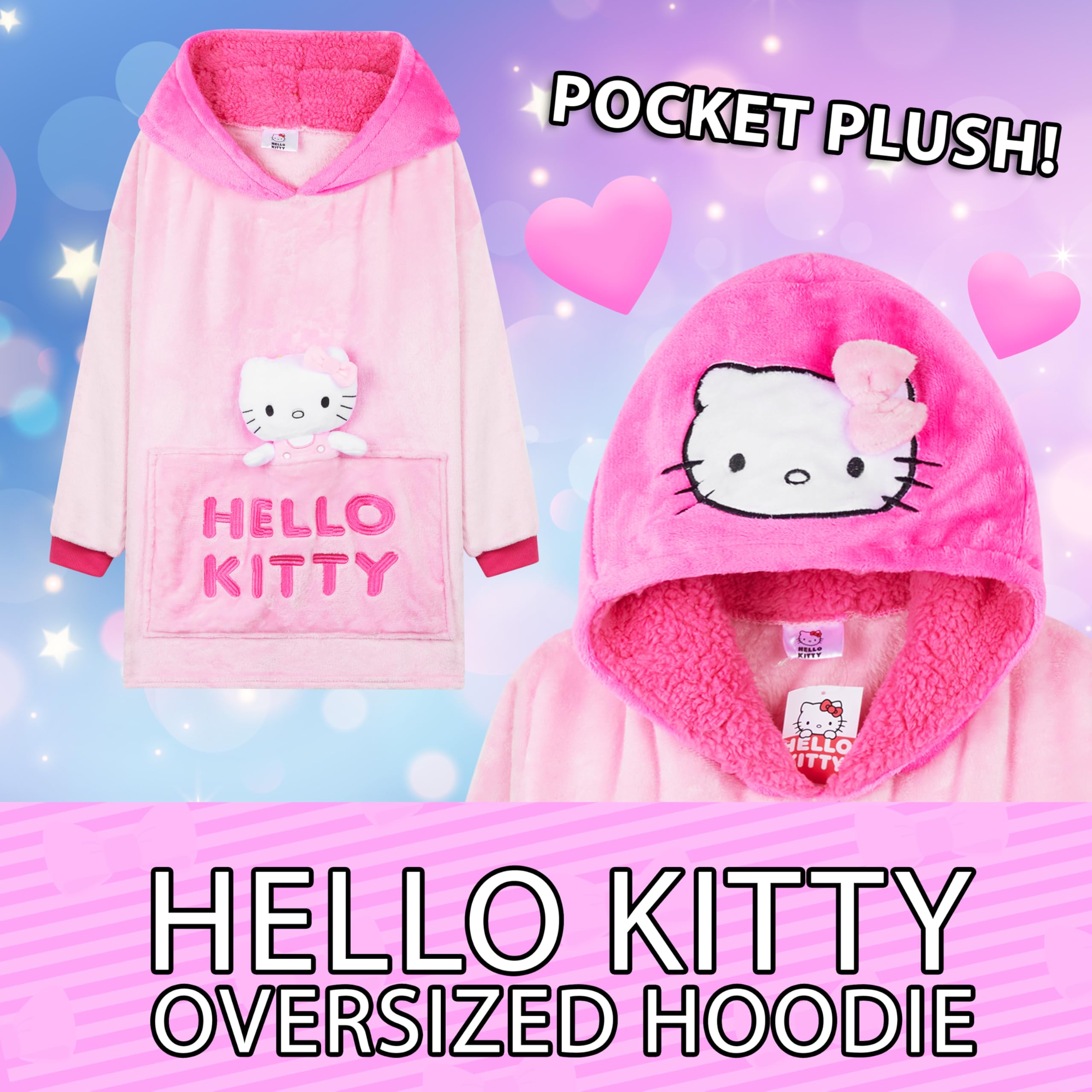 Hello Kitty Sanrio Koc Bluza z Kapturem dla Dziewcząt i Nastolatek Kawaii Oversize z Frędzlami, Przenośny Koc z Pluszowym Wypełnieniem, Odzież do Domu, Prezent Anime, różowy, Rozmiar uniwersalny
