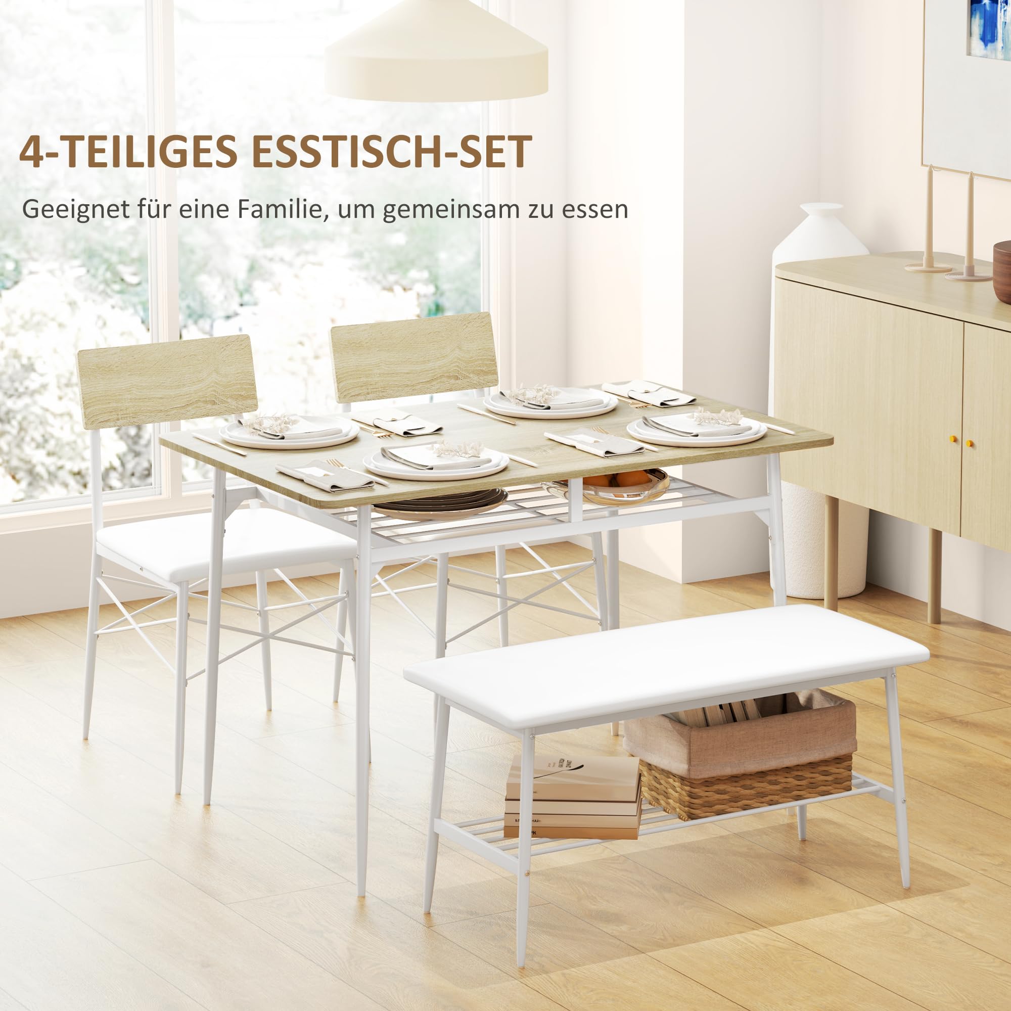 HOMCOM Set da pranzo con tavolo, panca e 2 sedie, salvaspazio, rovere