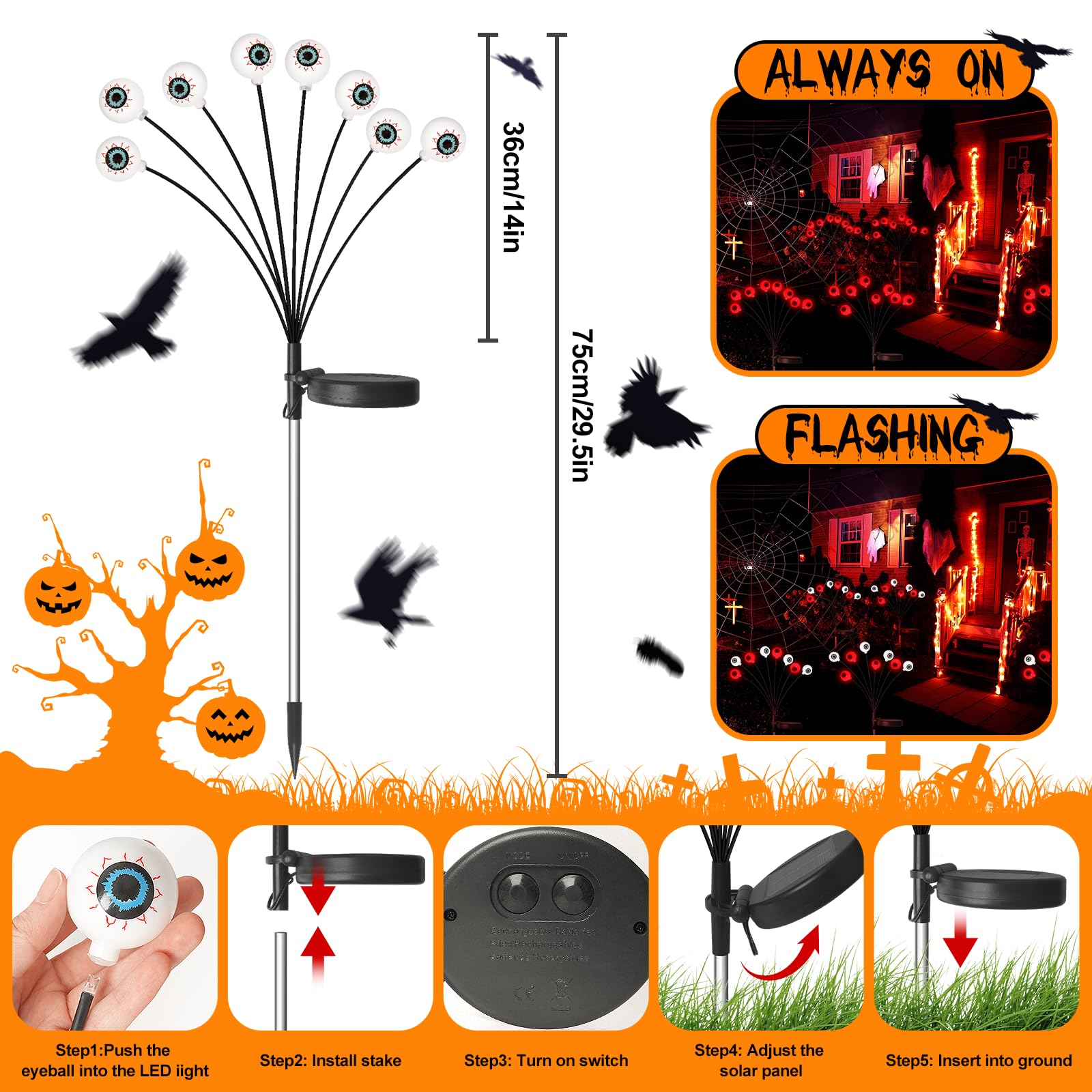 Luci Solari Di Halloween A Bulbo Oculare: 2 Pezzi, Onde Al Vento, Impermeabili IP65 Per Esterno, Con Modalità Fissa E Lampeggiante - 3
