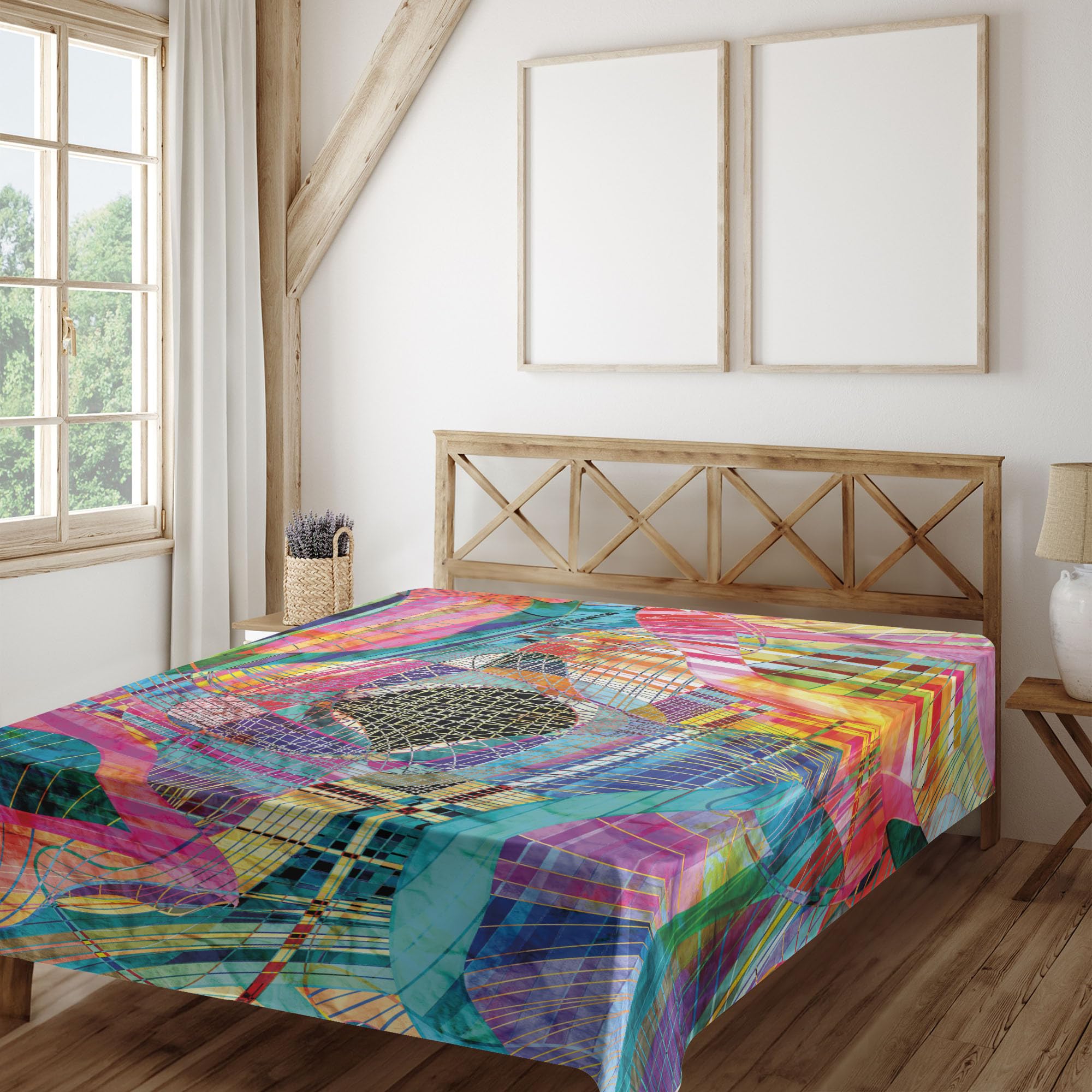 Ambesonne Abstract Flat Sheet, Retro Background Graphic Composition in Watercolors Creative Illustration, Soft Comfortable Top Sheet Decorative Bedding 1 Piece, California King, Multicolor