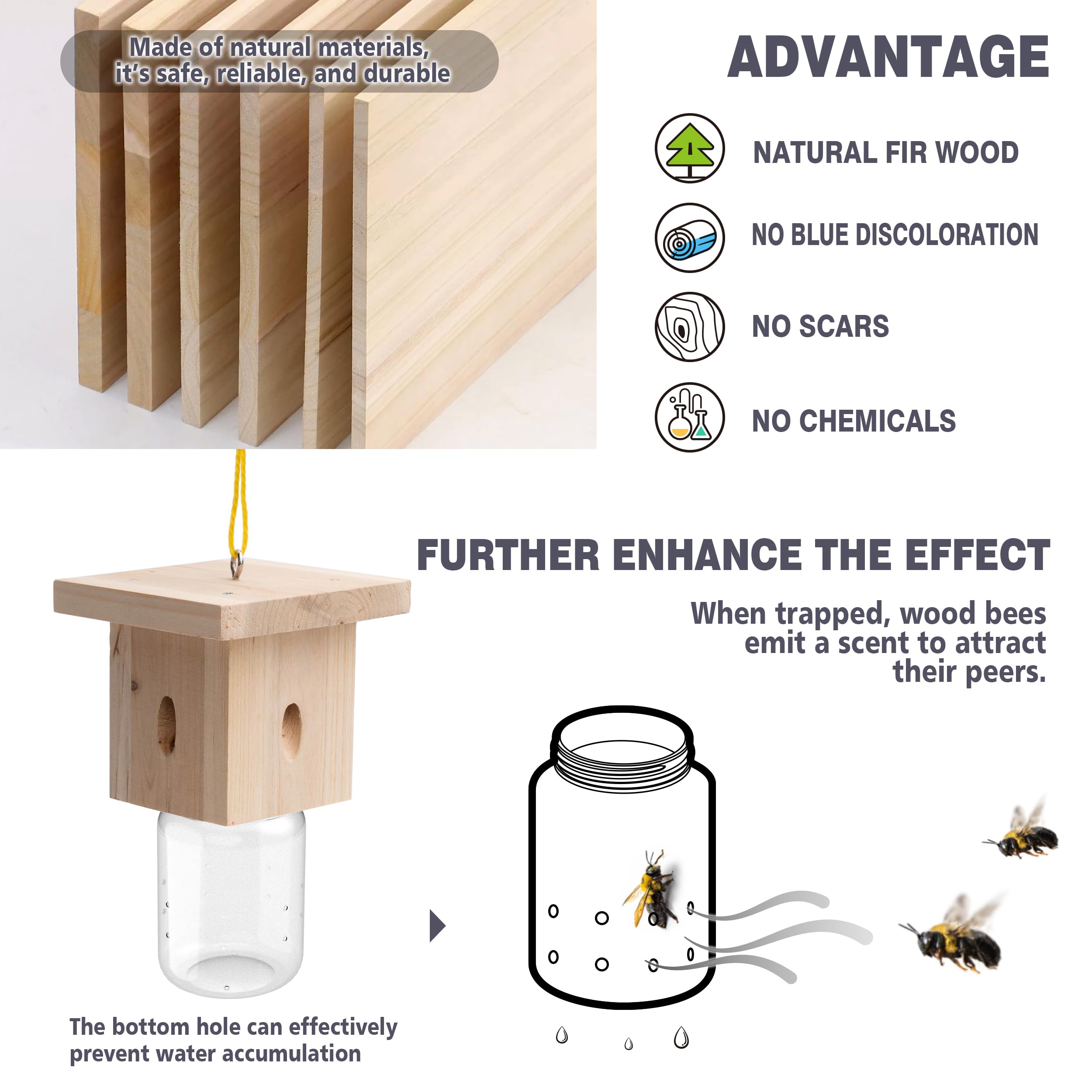 1 PCS Wood Carpenter Bee Trap for Outside - Best Bee Trap - Nature Hanging Carpenter Bee Traps Plastic Jar Outdoor - Insect Traps - 5