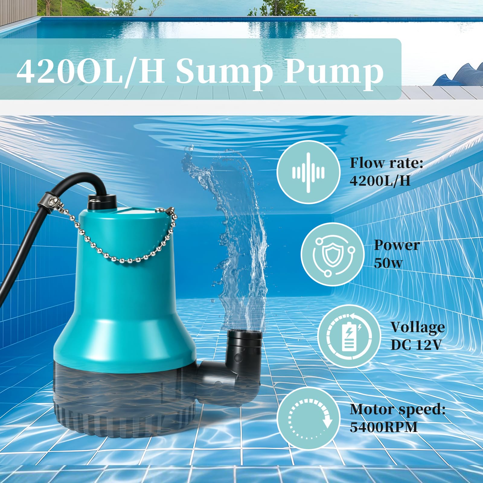 Pompe immergible 12V Pompe à eaux usées DC 50W 4200L/H – Pompe submersible compacte pour piscine, étang à poissons, bassin | Câble 2,3 m + Collier de serrage
