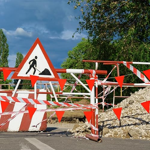 Miniatura 7 de Preboun Banderas de seguridad de 197 pies, banderas de banderines de hebra de advertencia de áreas peligrosas, marcadores de bandera resistentes al