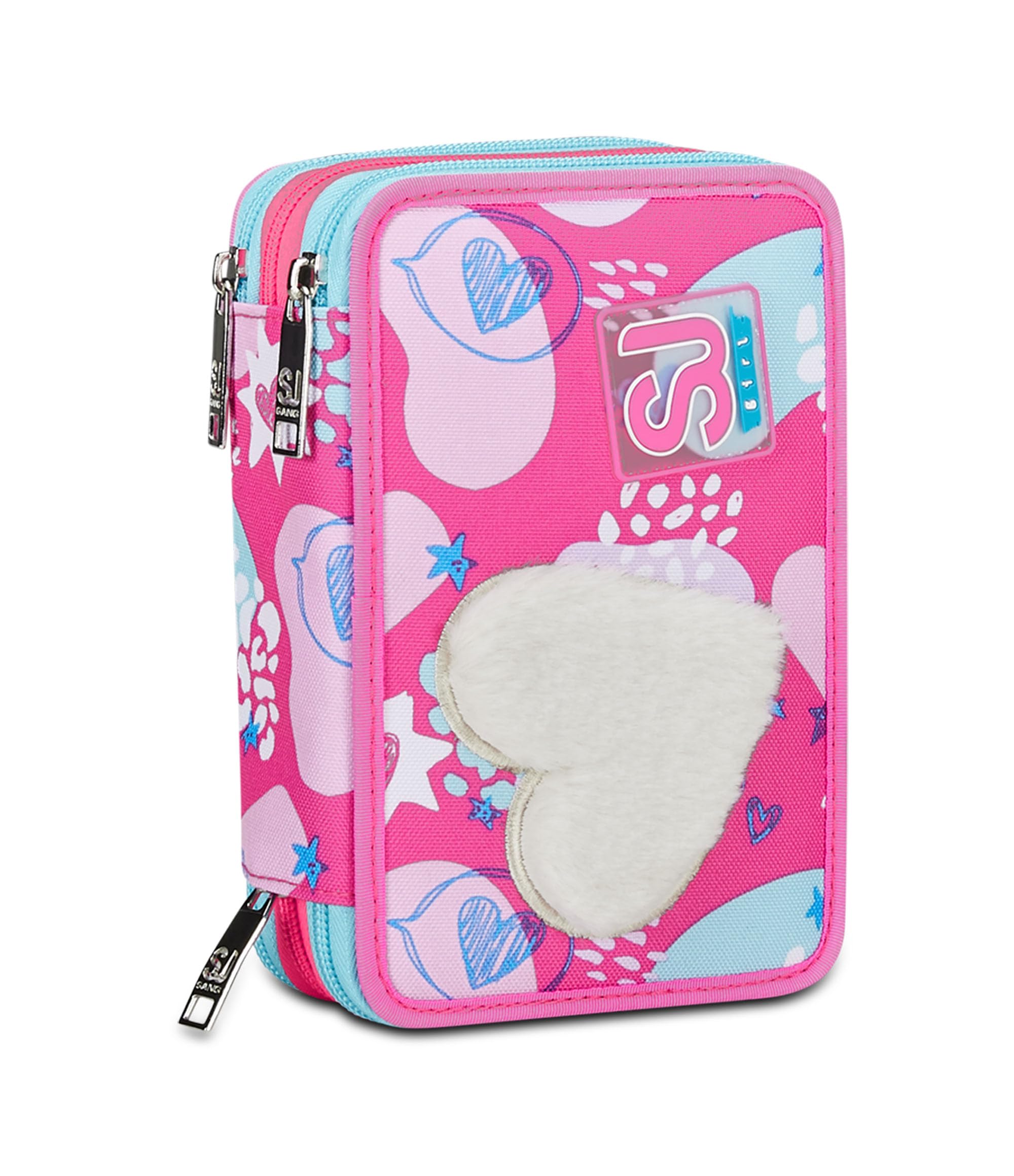 SJ Gang Astuccio Scuola 3 Zip, Rosa, Pinkfur, Portapenne Triplo Scomparto Completo Di Penne, Matite, Colori, Accessori Zaino, Elementari, Medie, Bambina, 30C202431-5C1