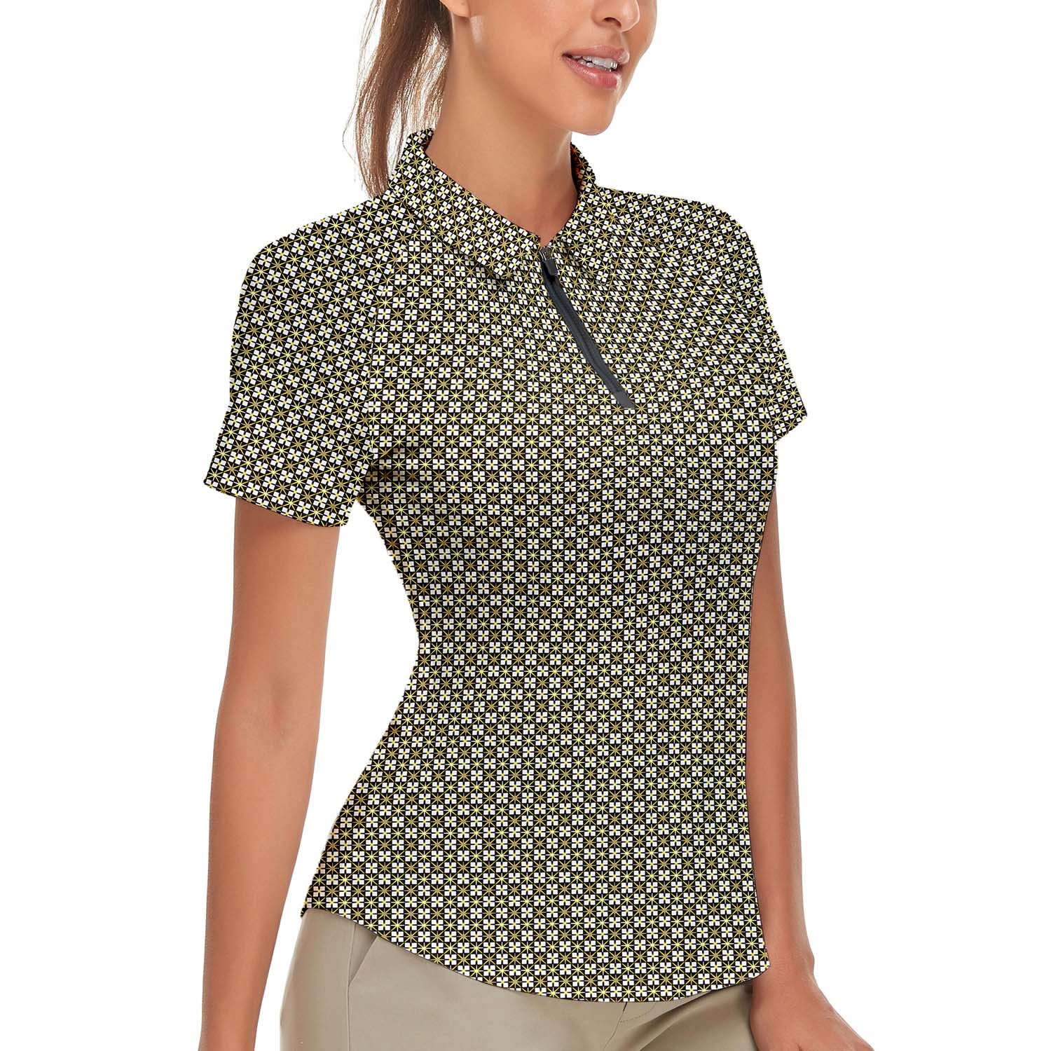 Soneven Deportiva Polo Mujer Manga Corta Blusa a Cuadros 1/4 Cremallera Transpirable Secado Rápido para Golf Tenis Ocio
