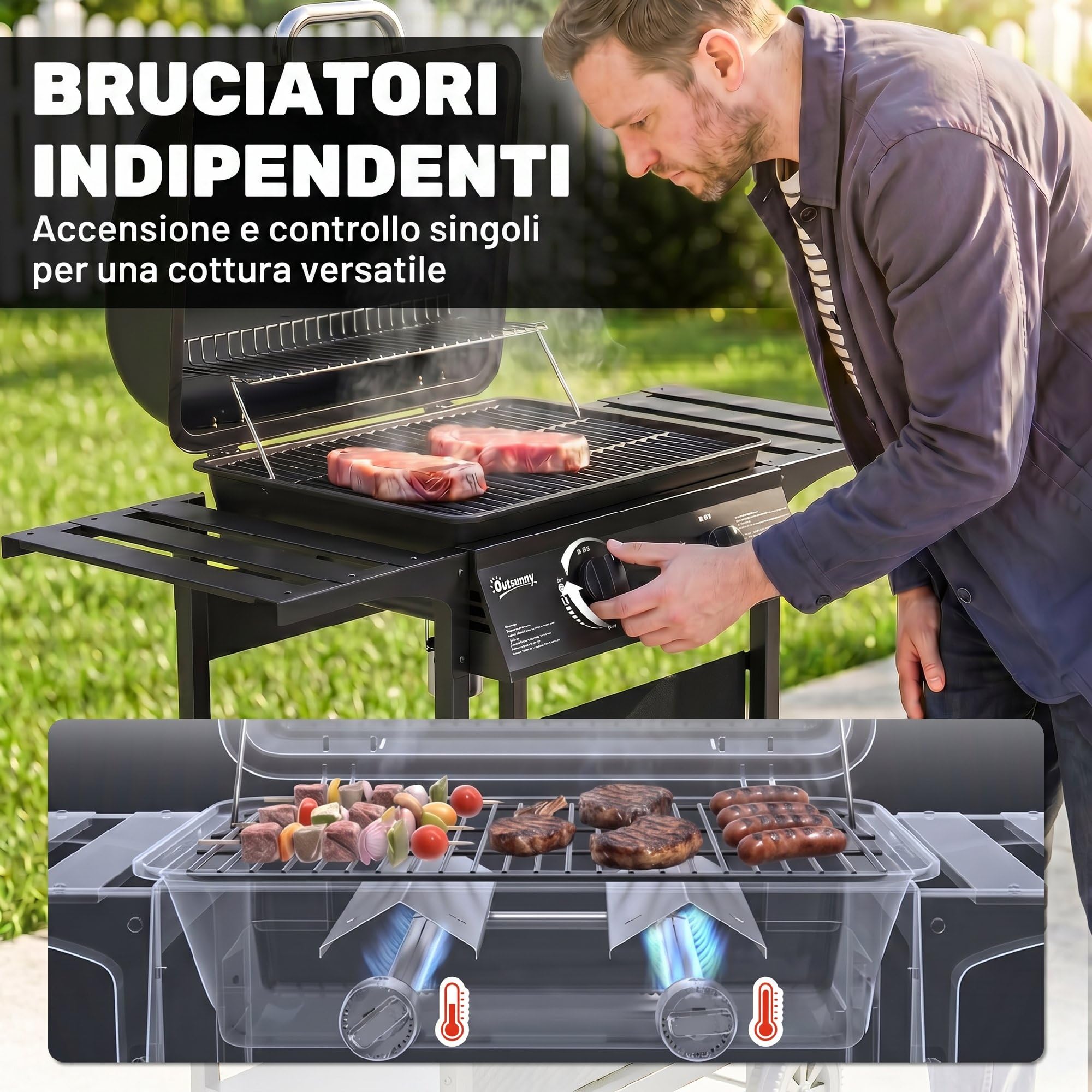 Outsunny Barbecue a Gas 2 Bruciatori 5KW BBQ Portatile Griglia Acciaio Inox con Ruote Giardino