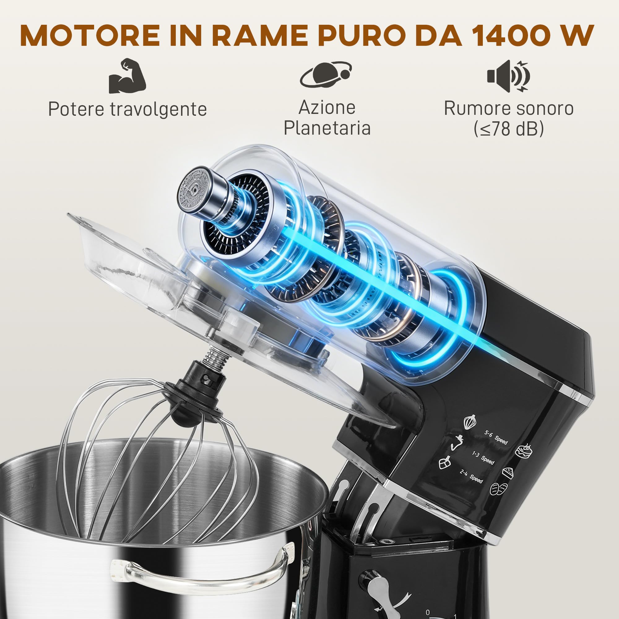 HOMCOM Impastatrice Planetaria con Ciotola Inox 7L, 1400W 6 Velocità Pulse, Testa Inclinabile, Planetaria Professionale Antiscivolo con Gancio Impastare, Frusta, Sbattitore, Paraschizzi e Accessori