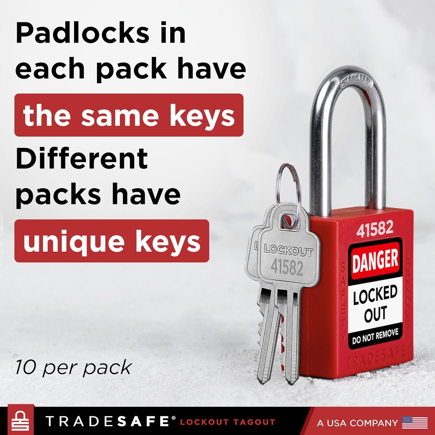 TRADESAFE Lockout Tagout Locks Set - 10 Red Keyed Alike Padlocks, 2 Keys Per Lock, OSHA Compliant Loto Locks for Lock Out Tag Out Stations, Premium Grade