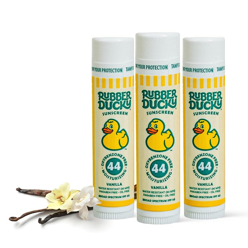 Bálsamo labial Rubber Ducky com designação técnica SPF 44, sem tonalidade, baunilha e vitamina E, Pacote com 3