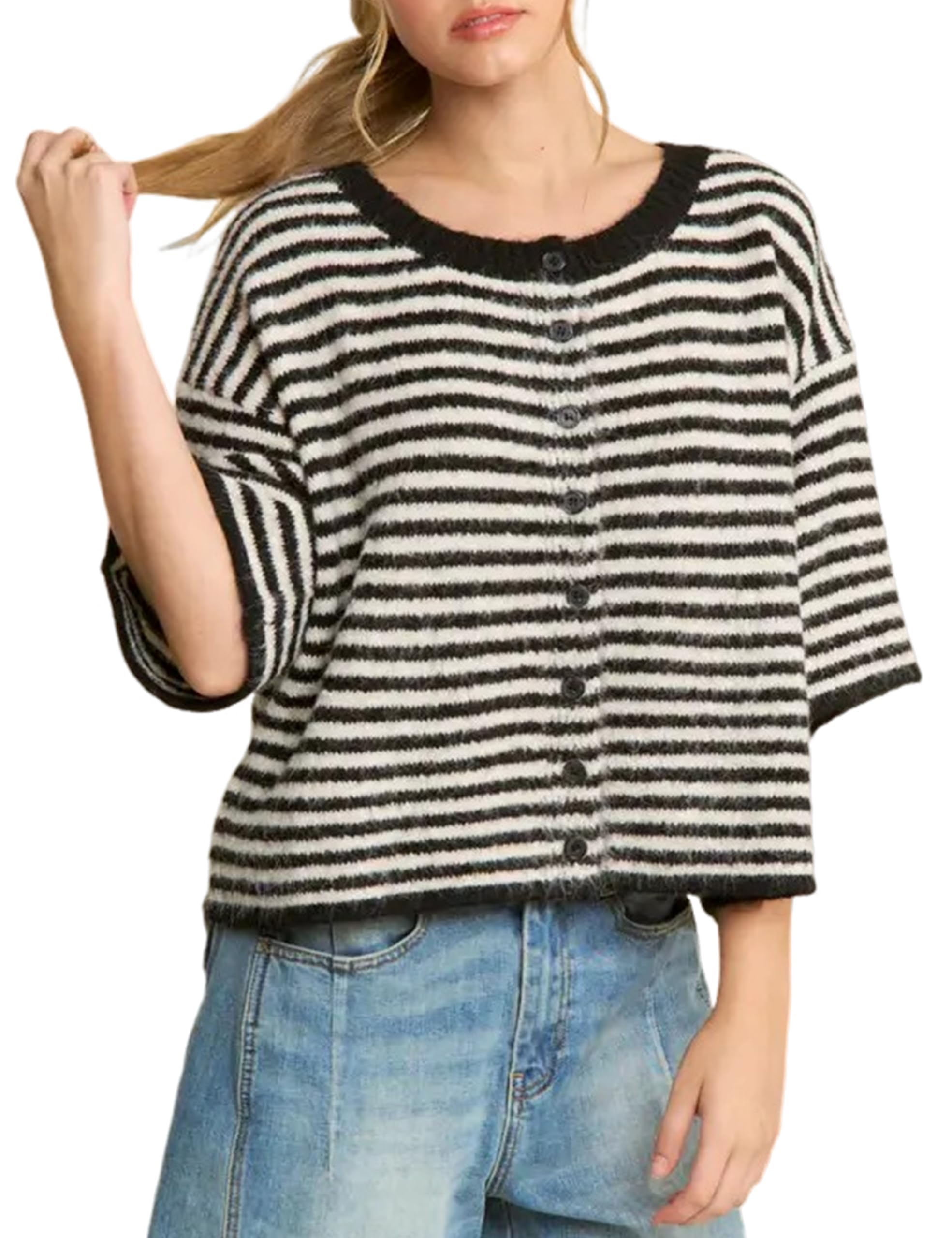 Womens Striped Cardigan Sweater Lightweight Button Down Loose Fit Knit Open Front Casual Short Sleeve Shirt