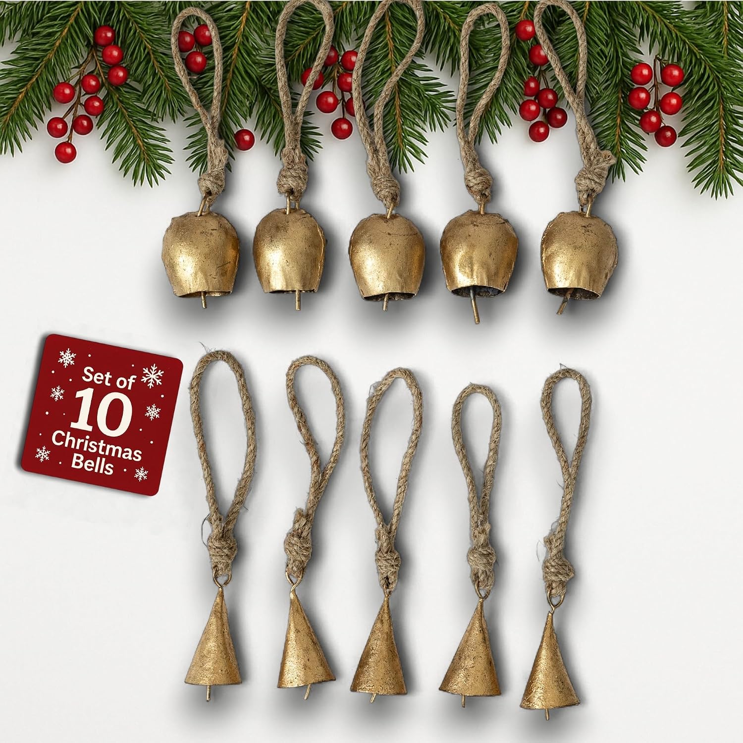 Mie Creations Set of 10 Vintage Tin Bells, Rustic Christmas Tree Bells 2''