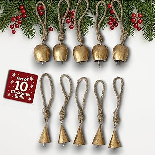 Mie Creations Set of 10 Vintage Rustic Cow Bells, Handmade Christmas Bells, Decorative Christmas Tree Ornaments on Jute Rope, 2 in Jingle Bells for Crafts, Metal Hanging Wreath Cowbells- Antique Gold